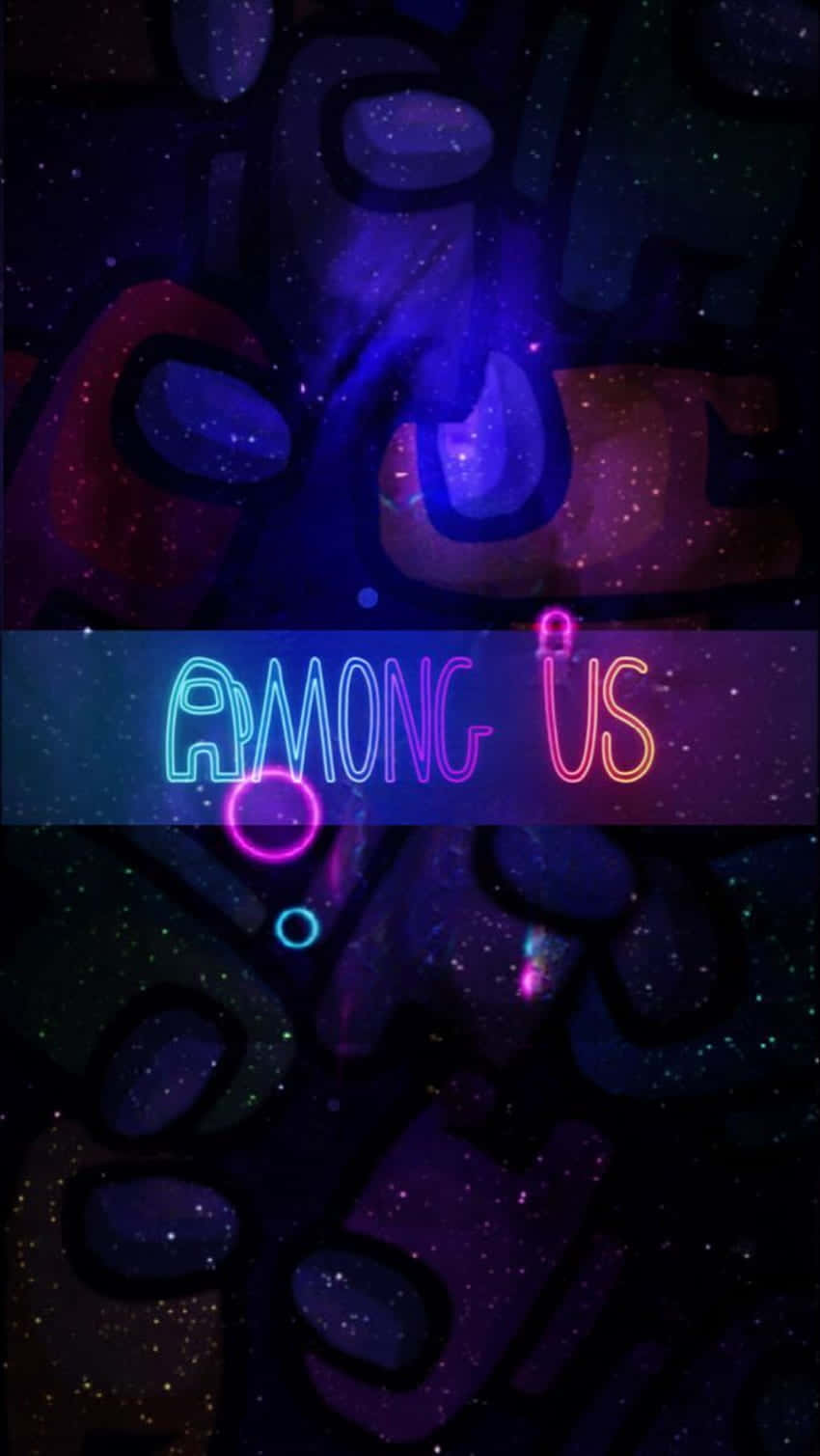 霓虹燈 Among Us 標題，背景是繁星點點的宇宙和抽象形狀。