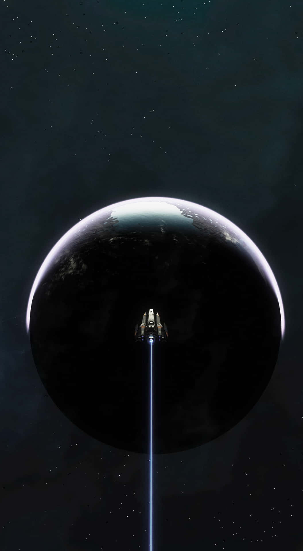 太空船向太空中的大行星發射藍色光束。