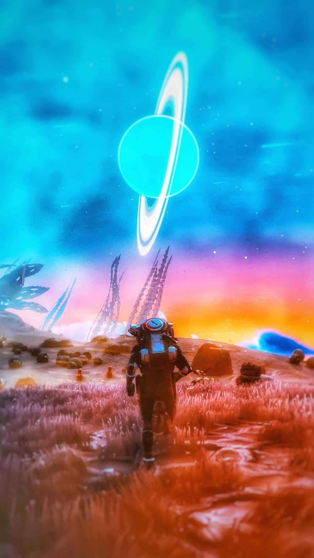 一名太空人在發光的環狀行星下探索色彩繽紛的外星世界。
