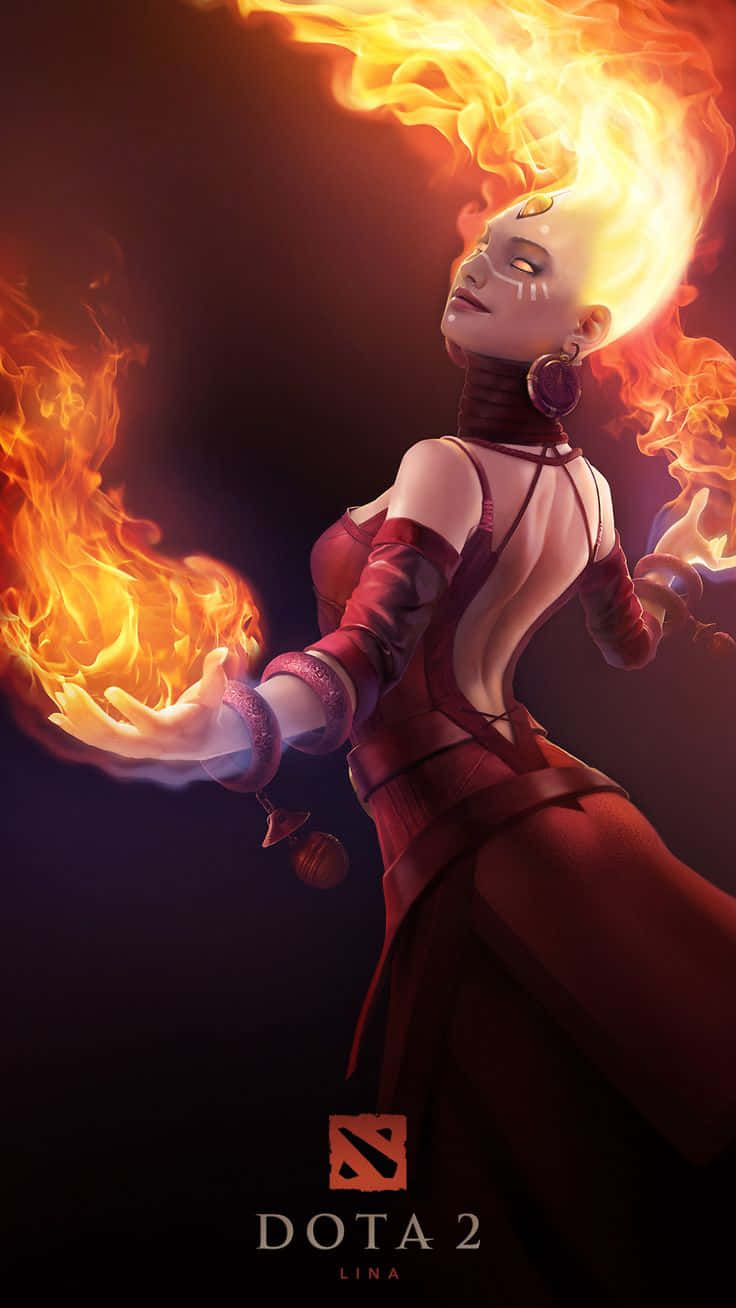 Dota 2 角色莉娜，火紅頭髮，手中帶火，身穿紅色長袍。