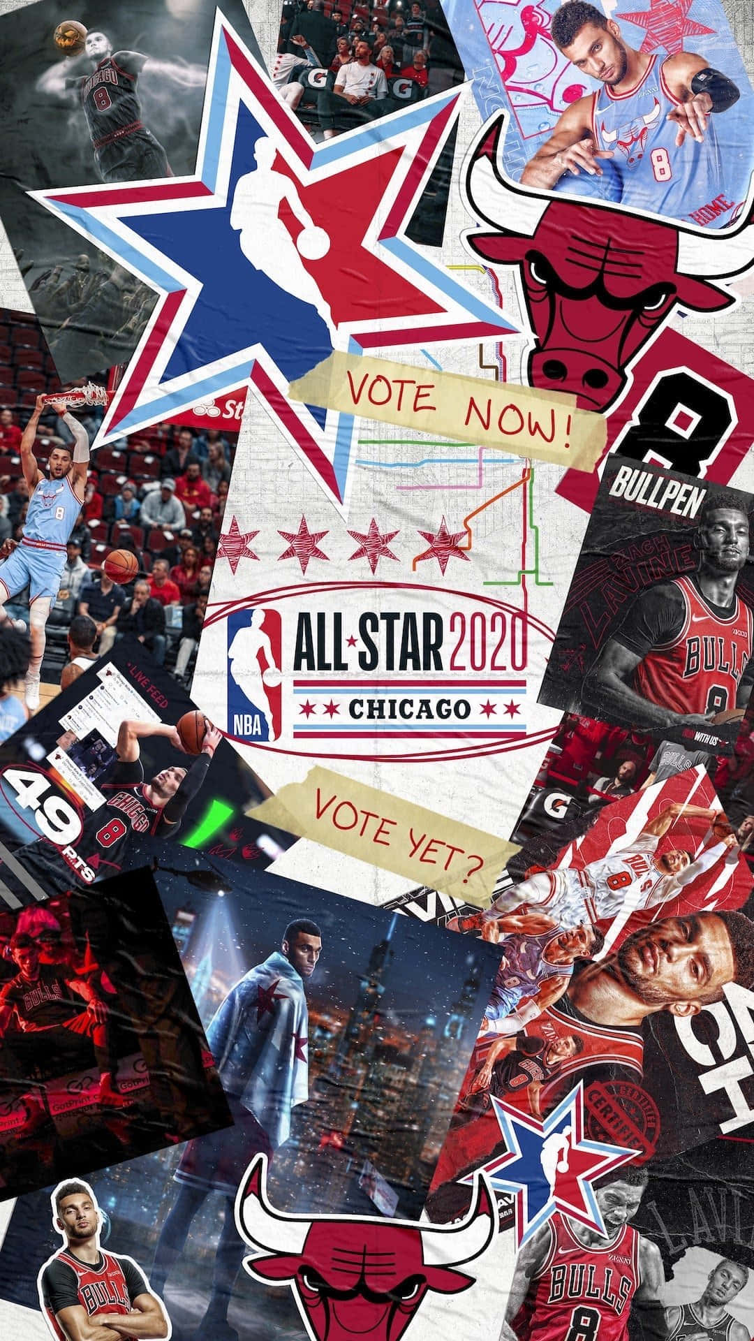 NBA全明星2020芝加哥宣傳拼貼，包含球員照片和球隊標誌。