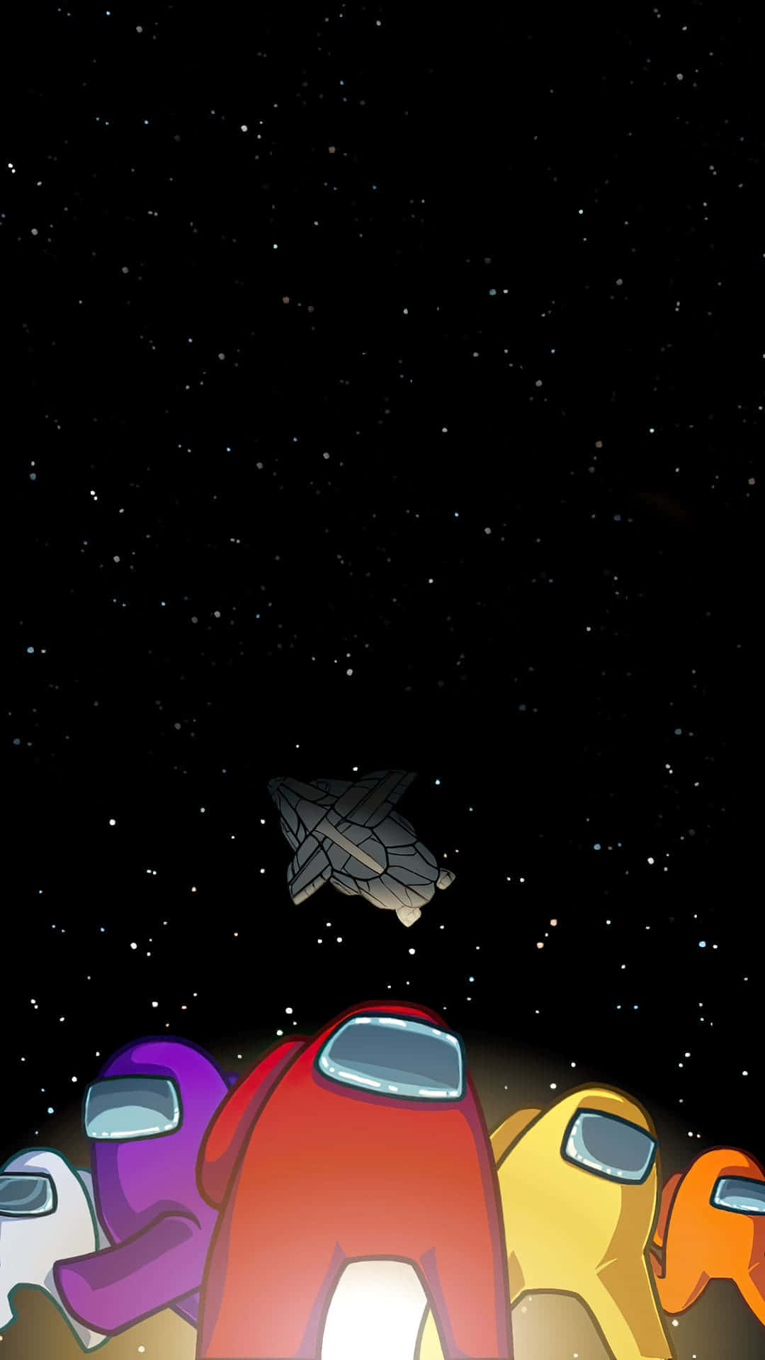 Among Us角色仰望太空中的太空船。