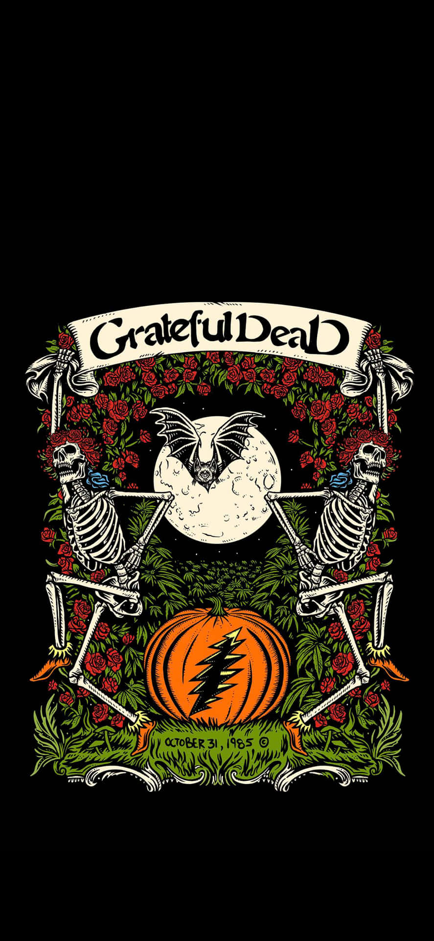 Grateful Dead萬聖節海報，上有骷髏、蝙蝠、南瓜和玫瑰。