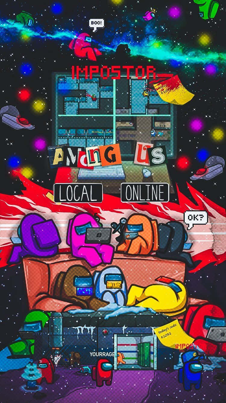 Among Us 遊戲角色在混亂的太空船中，帶有發光燈光和遊戲界面。