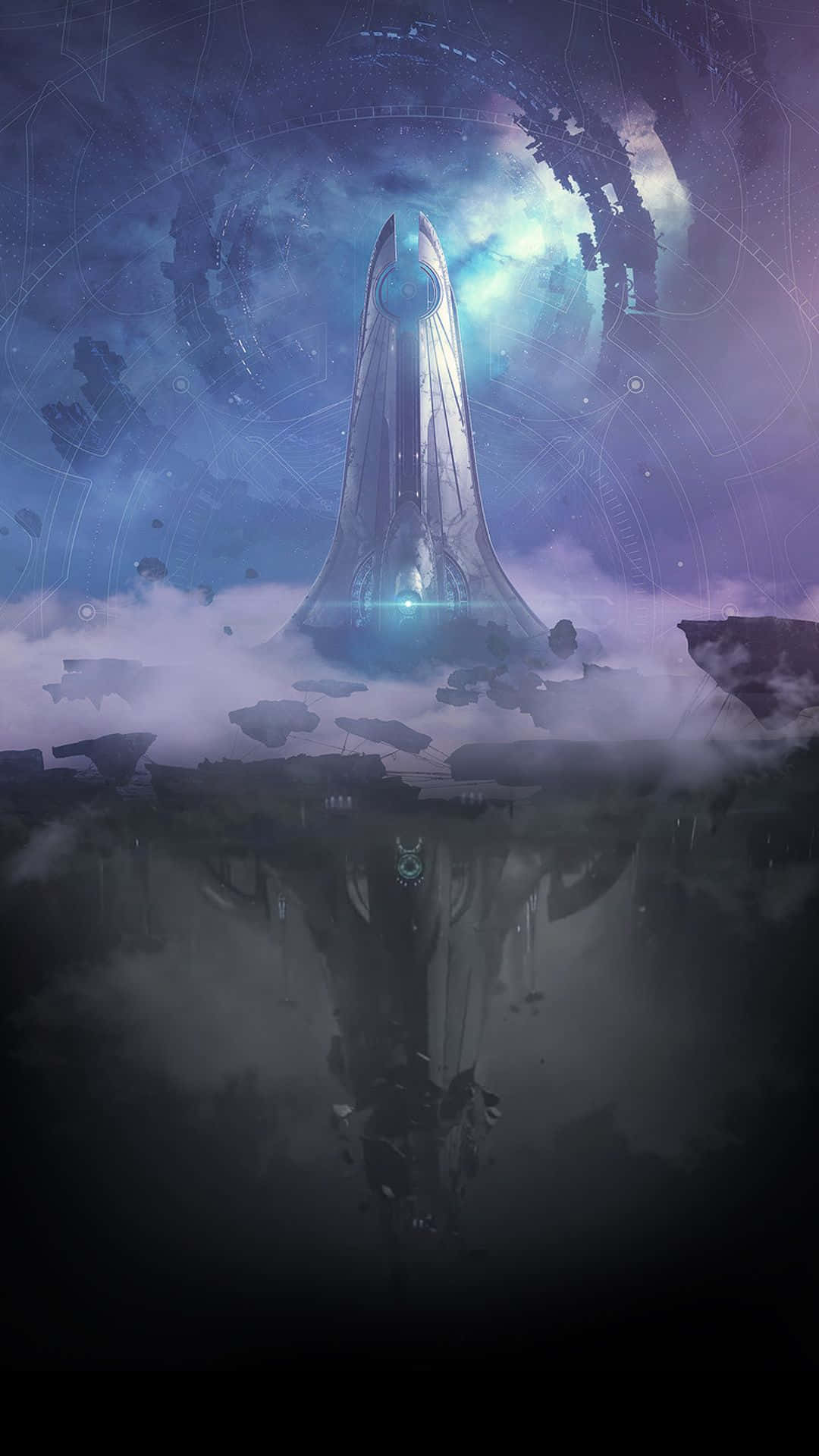 未來主義尖塔在霧中發光，宇宙天空和漂浮的廢墟倒映在水中。