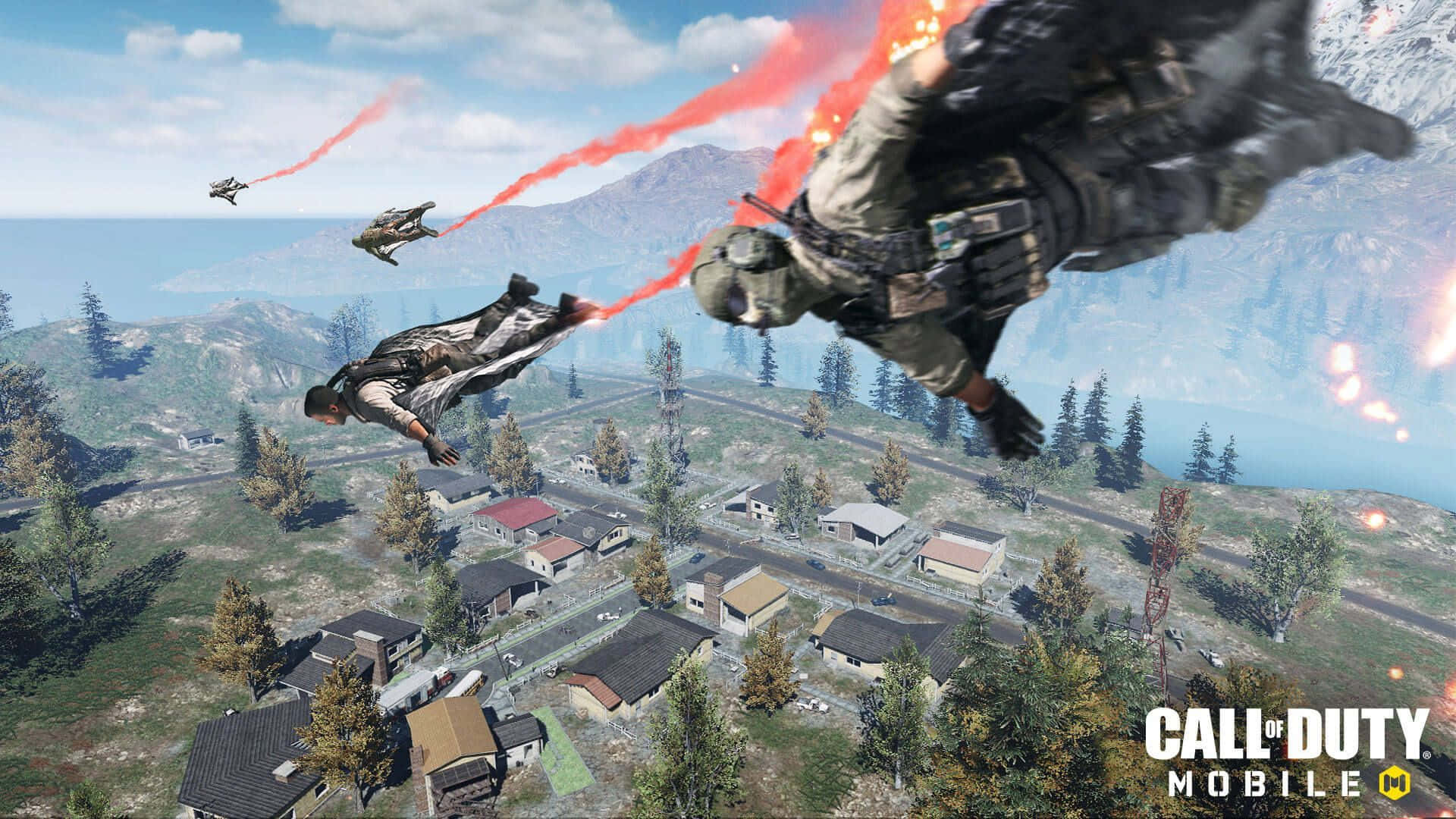 Call Of Duty Battles 桌布 壁紙 — 在手機遊戲場景中，兩名士兵帶著紅色信號彈從山村的空中跳傘。