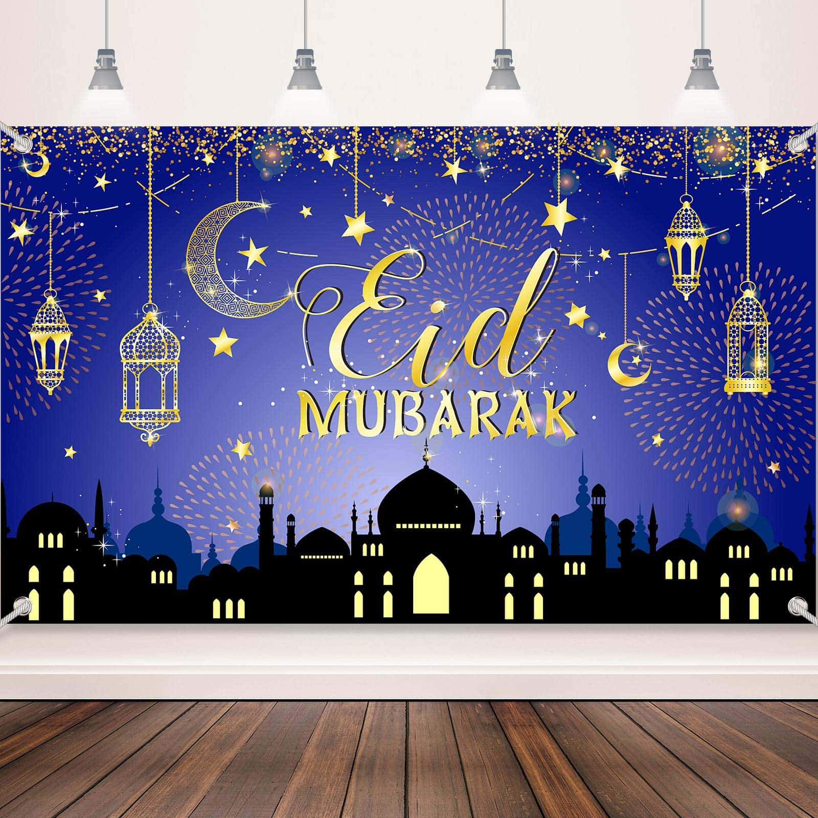 Eid Mubarak慶祝背景，懸掛燈籠和清真寺輪廓，星空下。