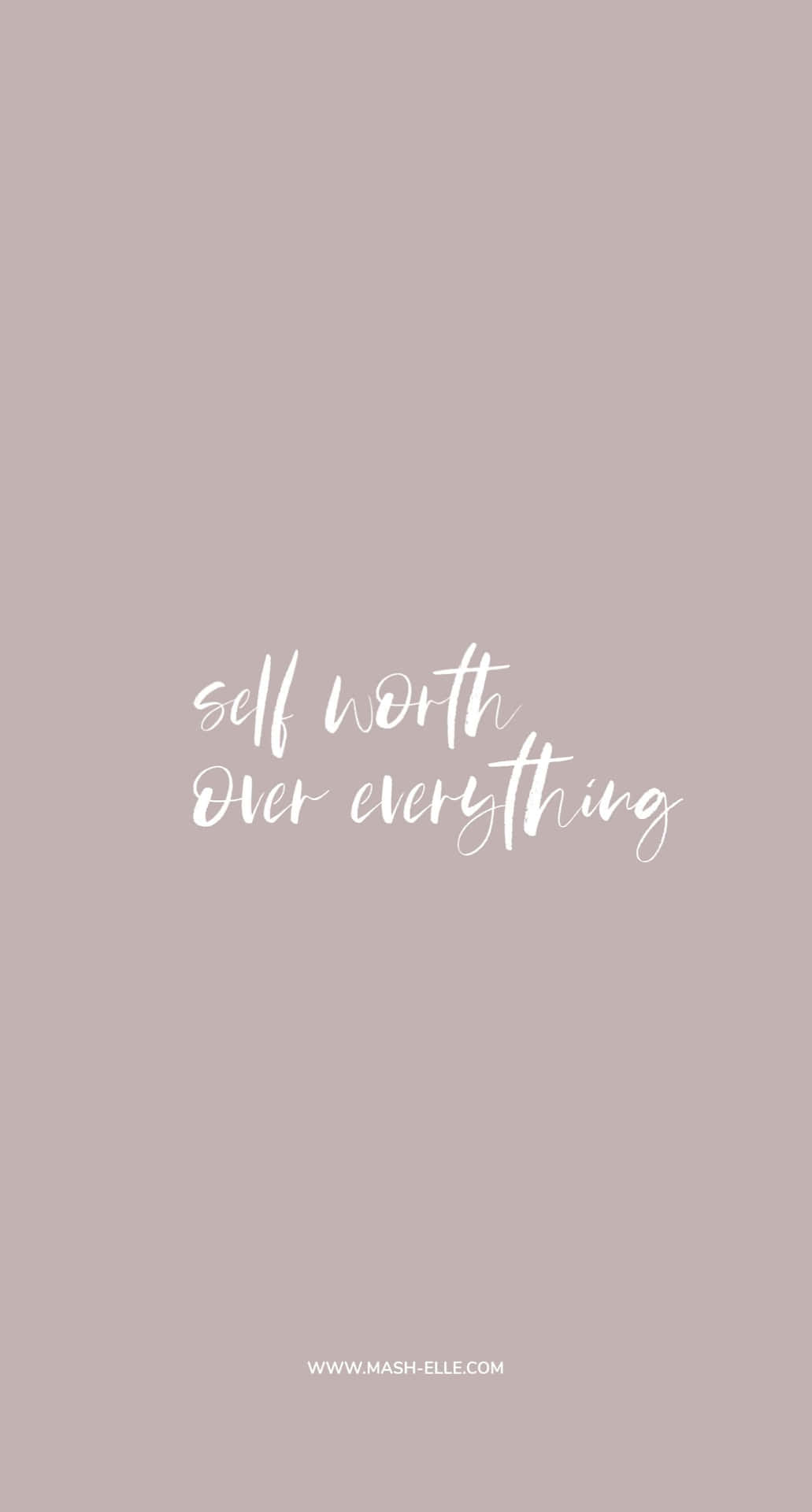 在紫紅色背景上以白色草書寫成的勵志名言 self worth over everything。
