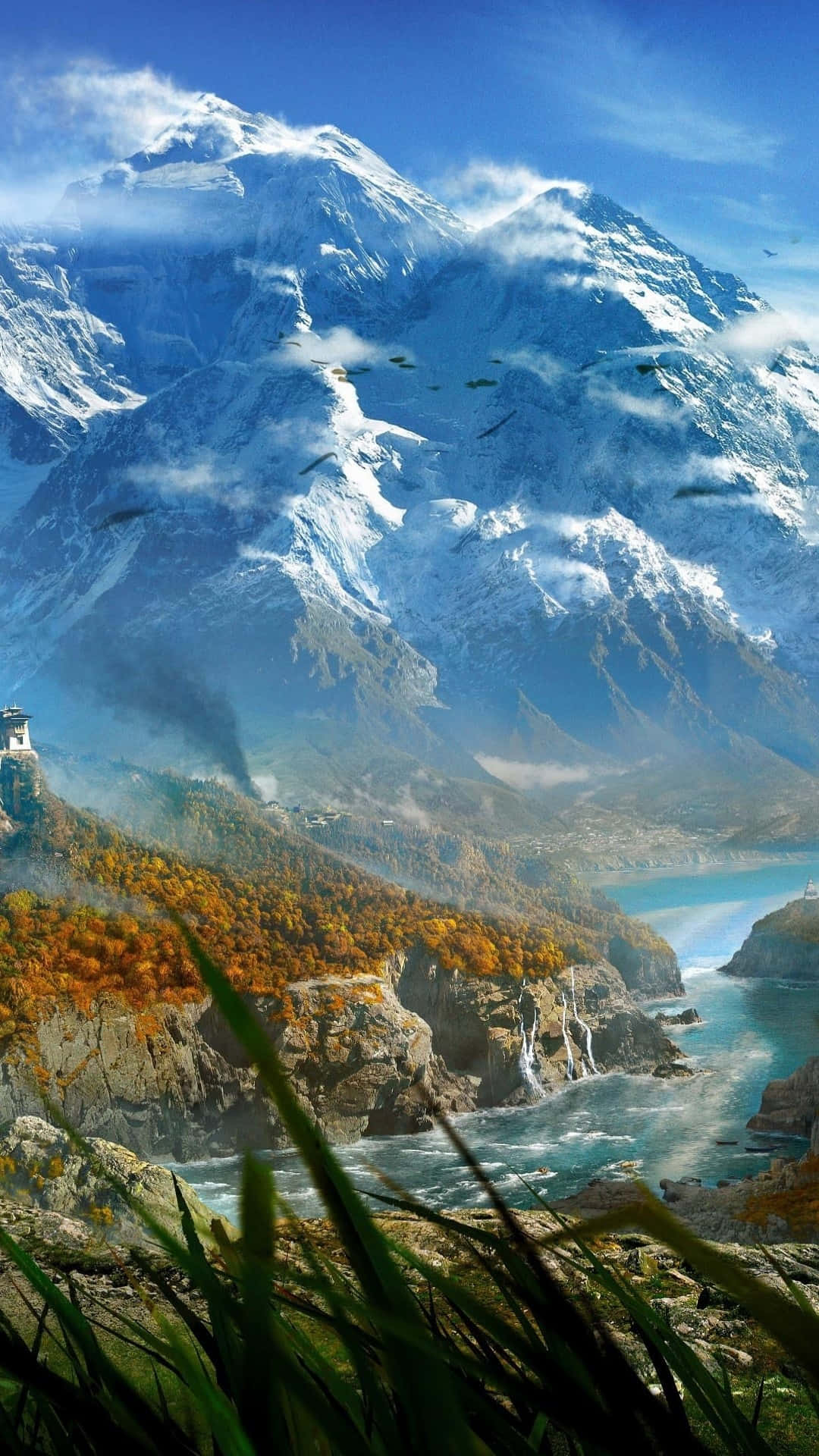在新 iPhone XS 上體驗《孤島驚魂4》求生戰鬥 壁紙 — 白雪覆蓋的山峰聳立在充滿活力的秋日山谷之上，山谷中有碧綠色的峽灣和懸崖上的一座孤塔。
