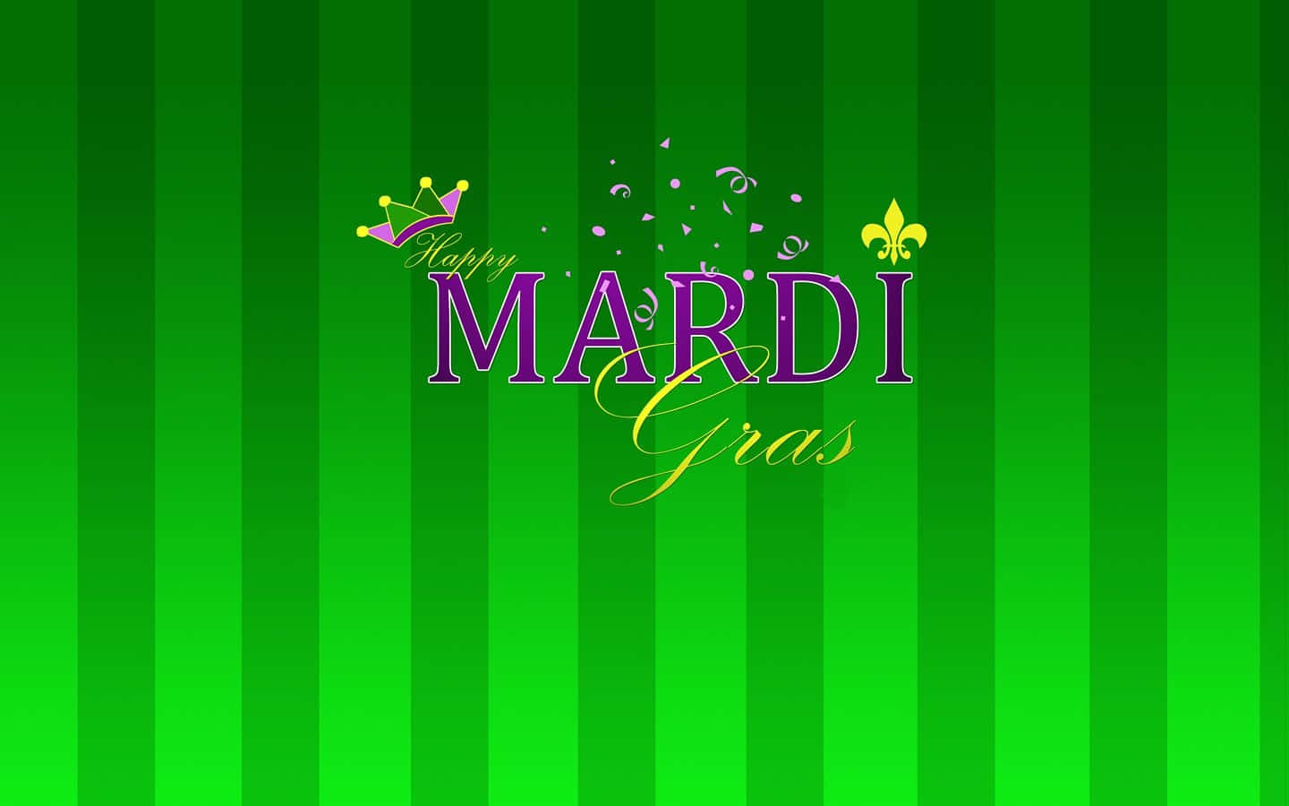 在綠色條紋背景上，帶有皇冠和鳶尾花的快樂Mardi Gras文字