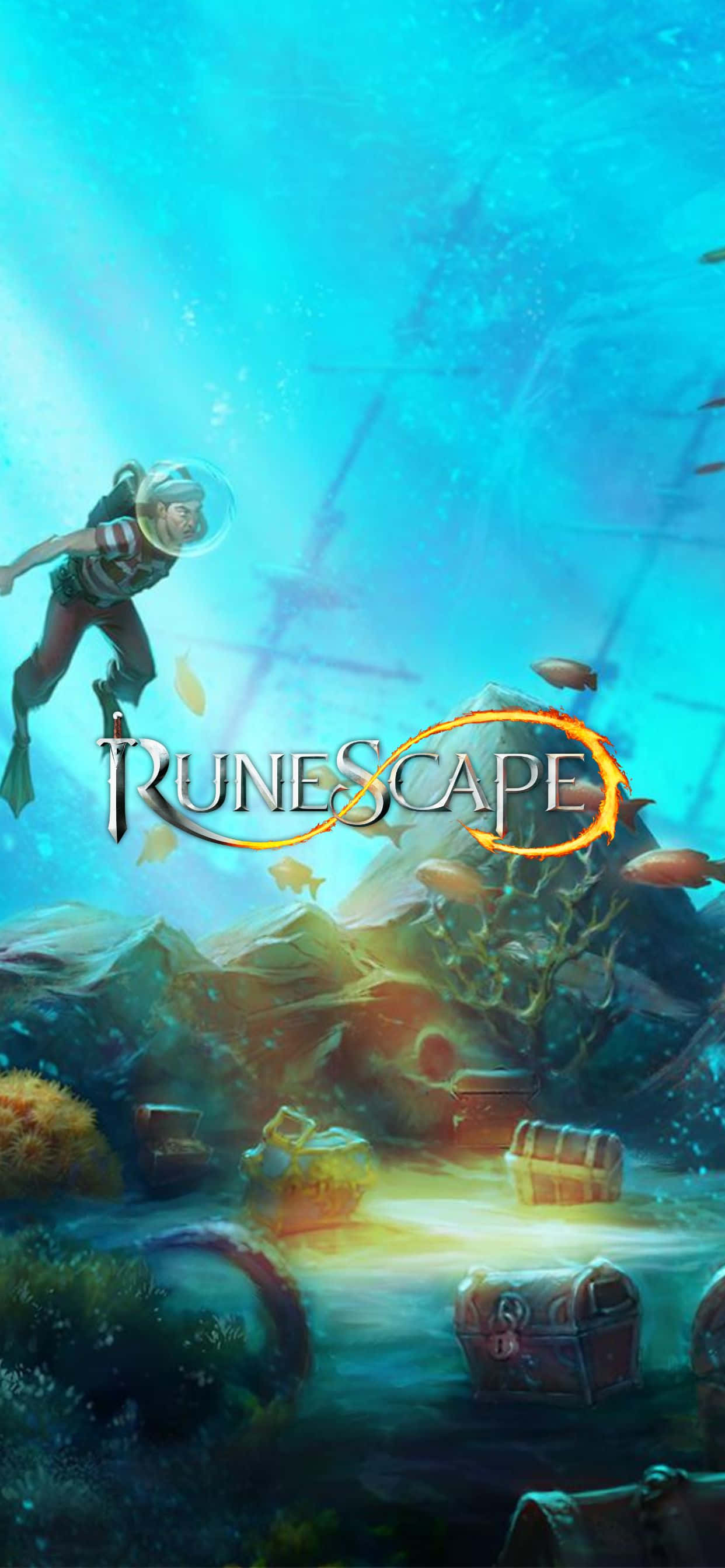 在新款 iPhone Xs Max 上體驗《RuneScape》遊戲樂趣 壁紙 — 潛水員探索一個陽光照射的水下沉船，充滿寶箱和珊瑚的奇幻遊戲場景。