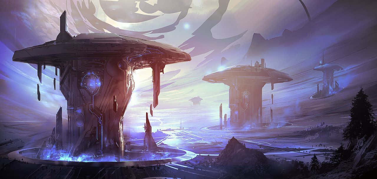 Halo Forerunner 桌布 壁紙 — 在旋轉的紫色天空下，巨大浮動平台下方帶有發光藍色能量的未來外星景觀。
