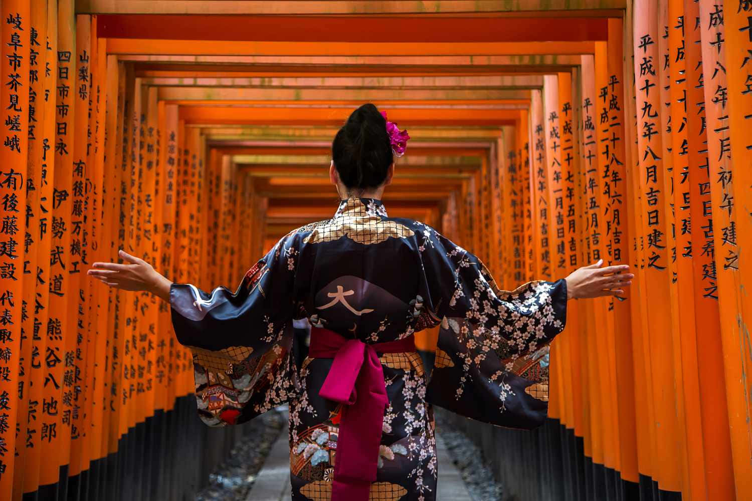 Japanese 桌布 壁紙 — 在日本，一位身穿花卉和服的女人在充滿活力的橙色鳥居隧道中張開雙臂站立。