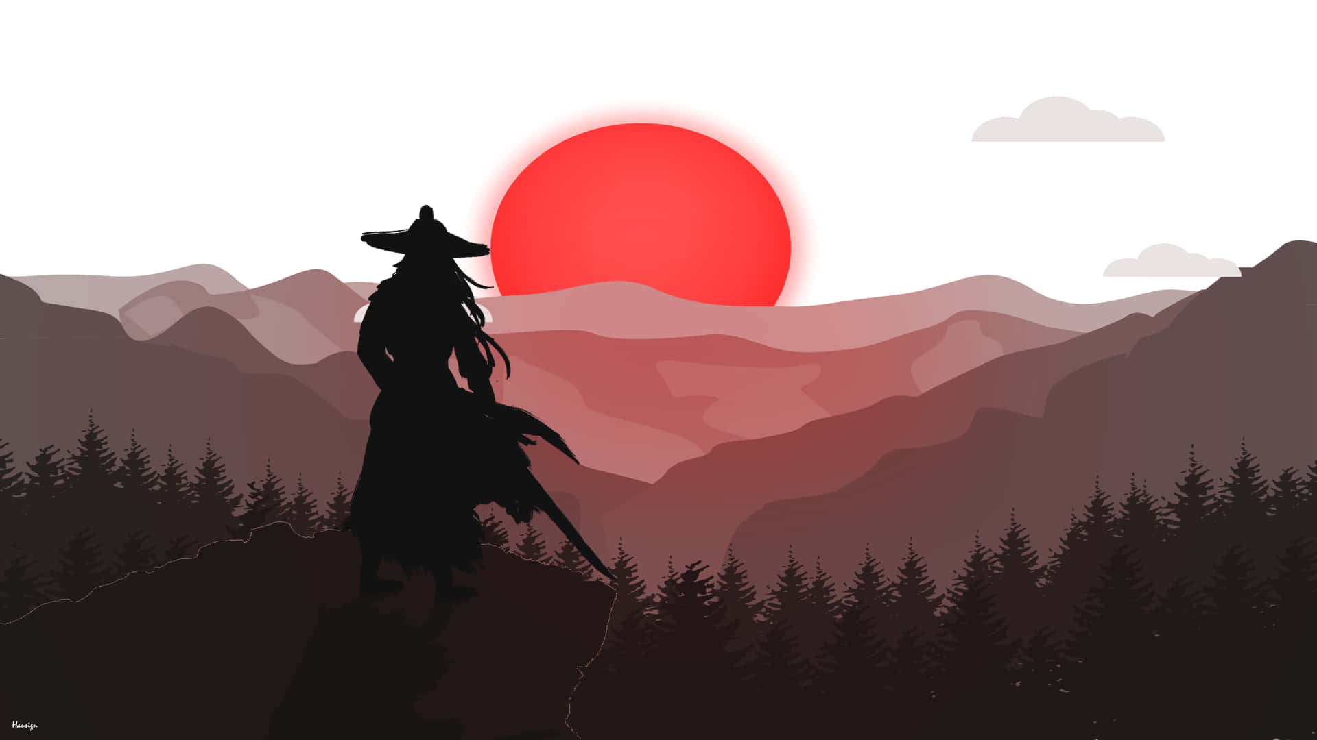 在日本慶祝自然之美，欣賞秋日紅葉 壁紙 — 孤獨戰士手持劍的剪影站在懸崖頂上，背景是巨大的紅日落於層疊的山巒和松林之上。