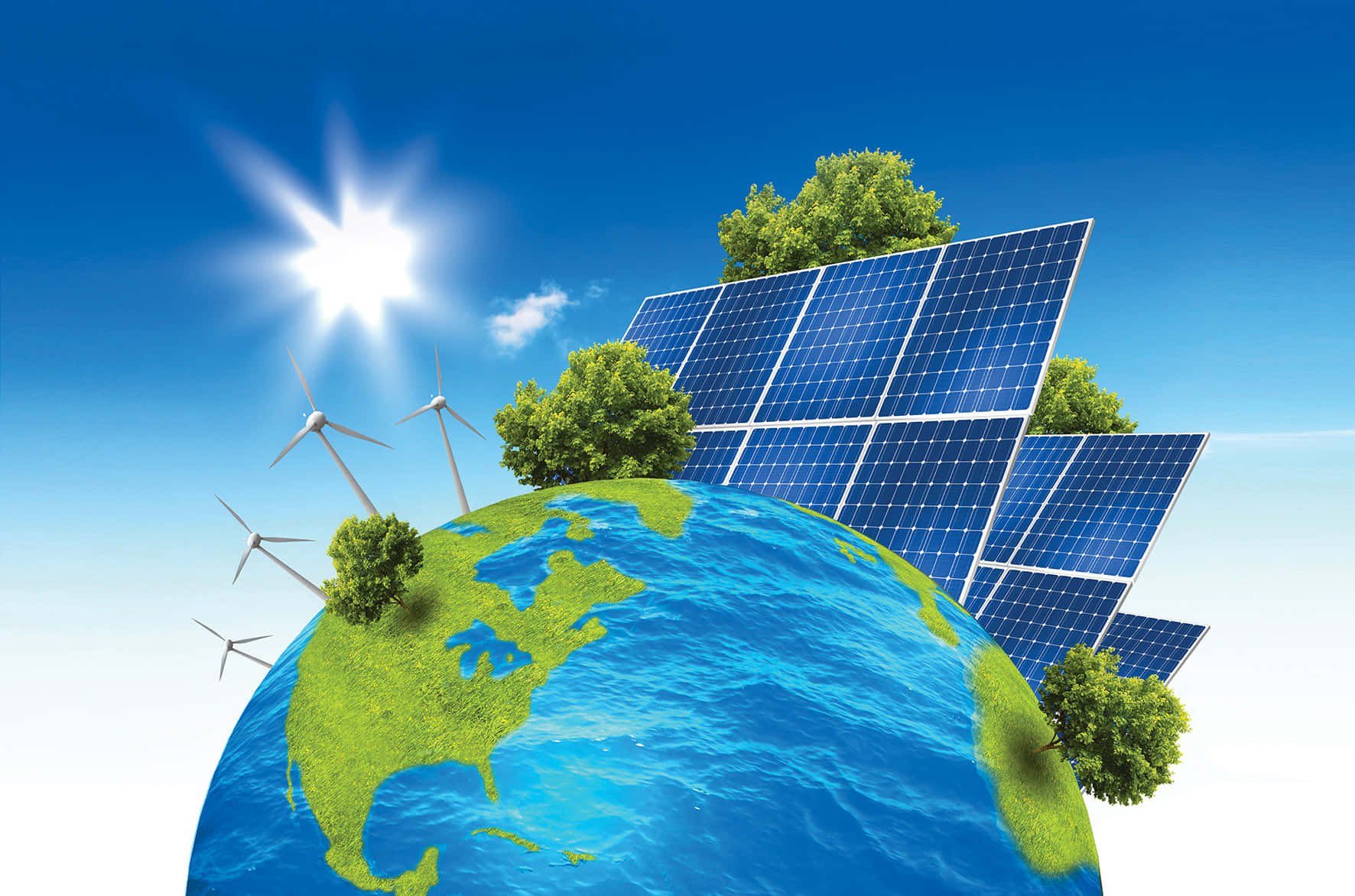 Energy 桌布 壁紙 — 在明亮的太陽下，一個充滿活力的藍色地球，其表面浮現出太陽能板和風力渦輪機。