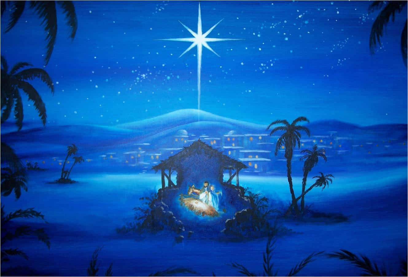 Nativity 桌布 壁紙 — 在明亮的星星下，沙漠景觀中閃耀的耶穌誕生場景，有棕櫚樹和遠處的村莊，夜晚。