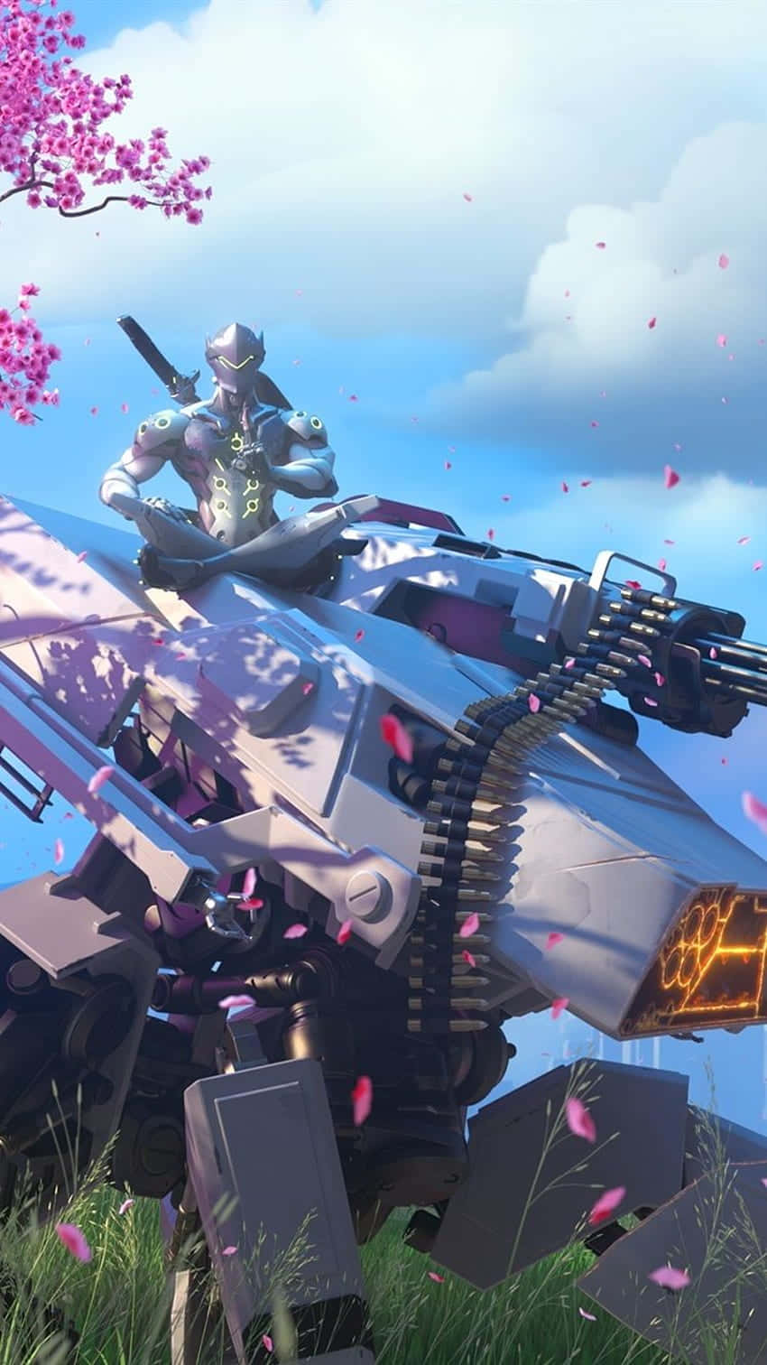 Overwatch Genji 桌布 壁紙 — 在明亮的藍天下，一位未來風格的裝甲戰士坐在巨大的機甲上，周圍櫻花飄落。