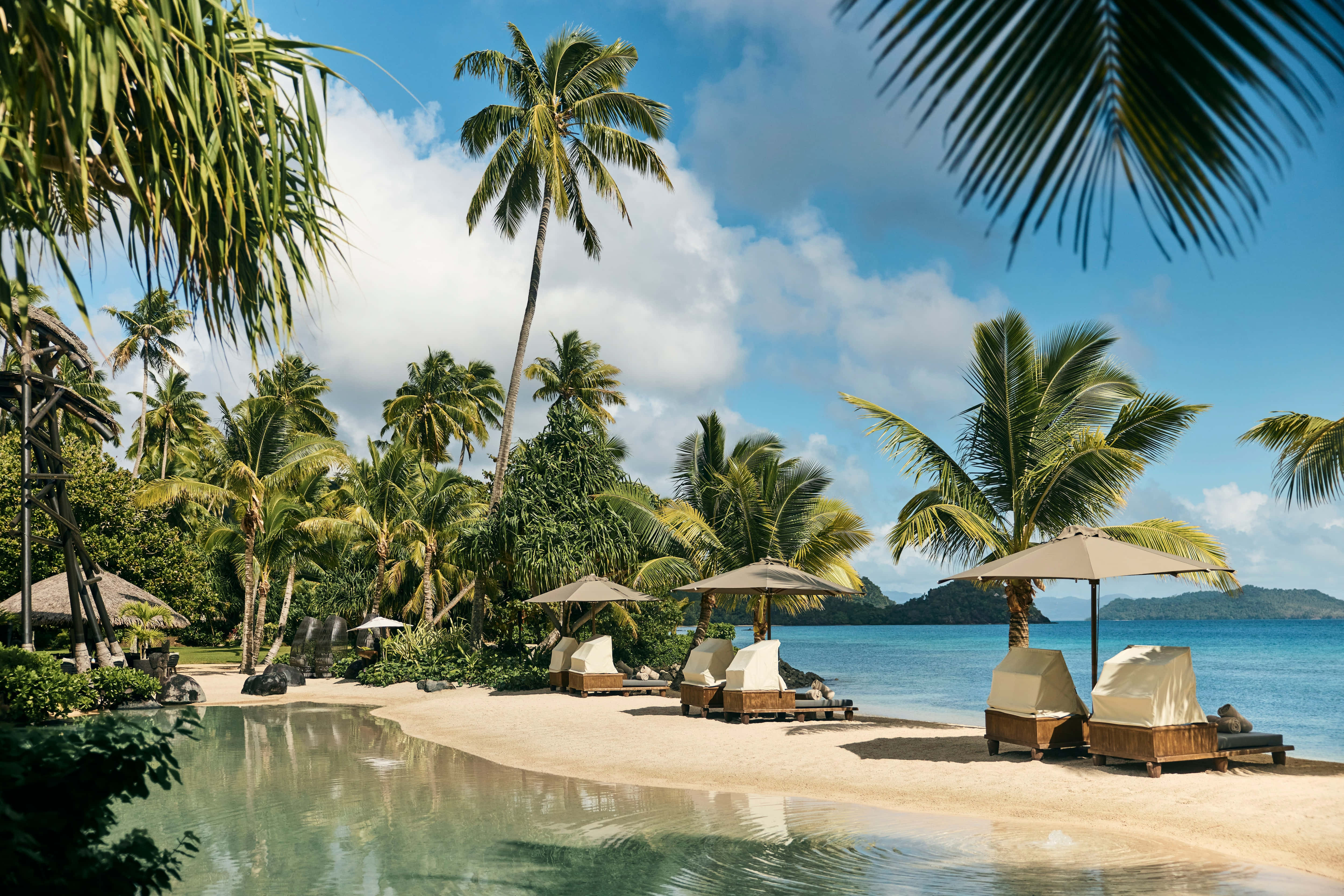 Fiji Beach 桌布 壁紙 — 在明亮的藍天下，棕櫚樹旁的碧綠潟湖邊，豪華沙灘躺椅。
