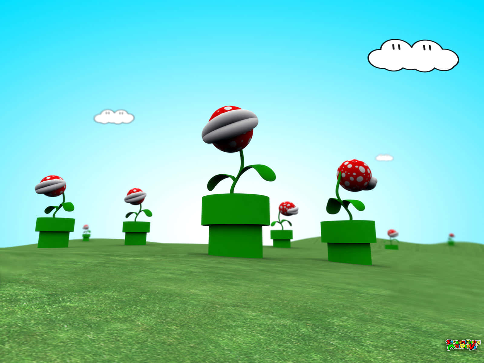 piranha plant 桌布 壁紙 — 在明亮的藍天和卡通雲朵下，點綴著標誌性紅白蘑菇植物的綠色山丘。