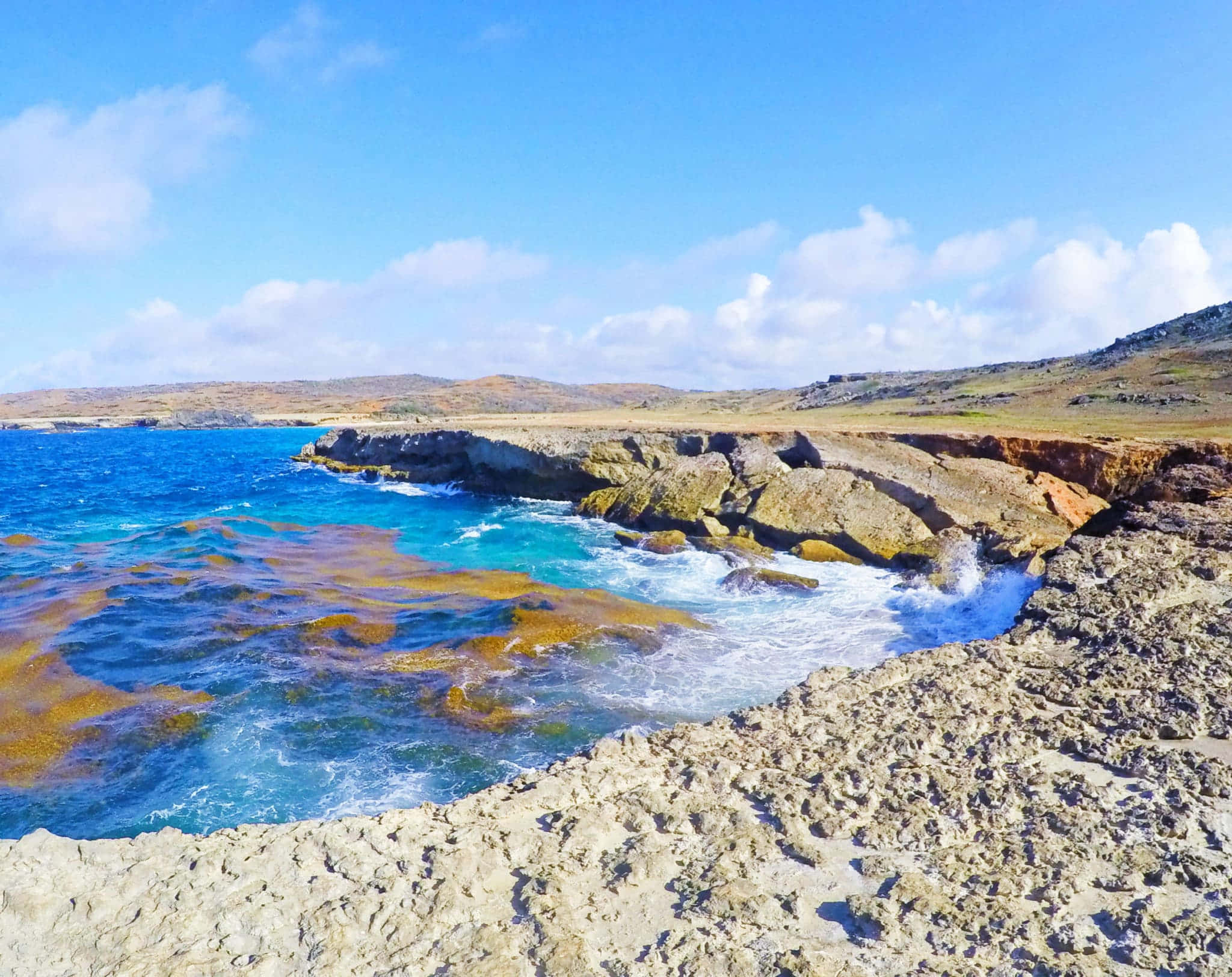 Aruba 桌布 壁紙 — 在明亮的藍天和散落的雲朵下，綠松石色的海浪拍打著崎嶇的懸崖。