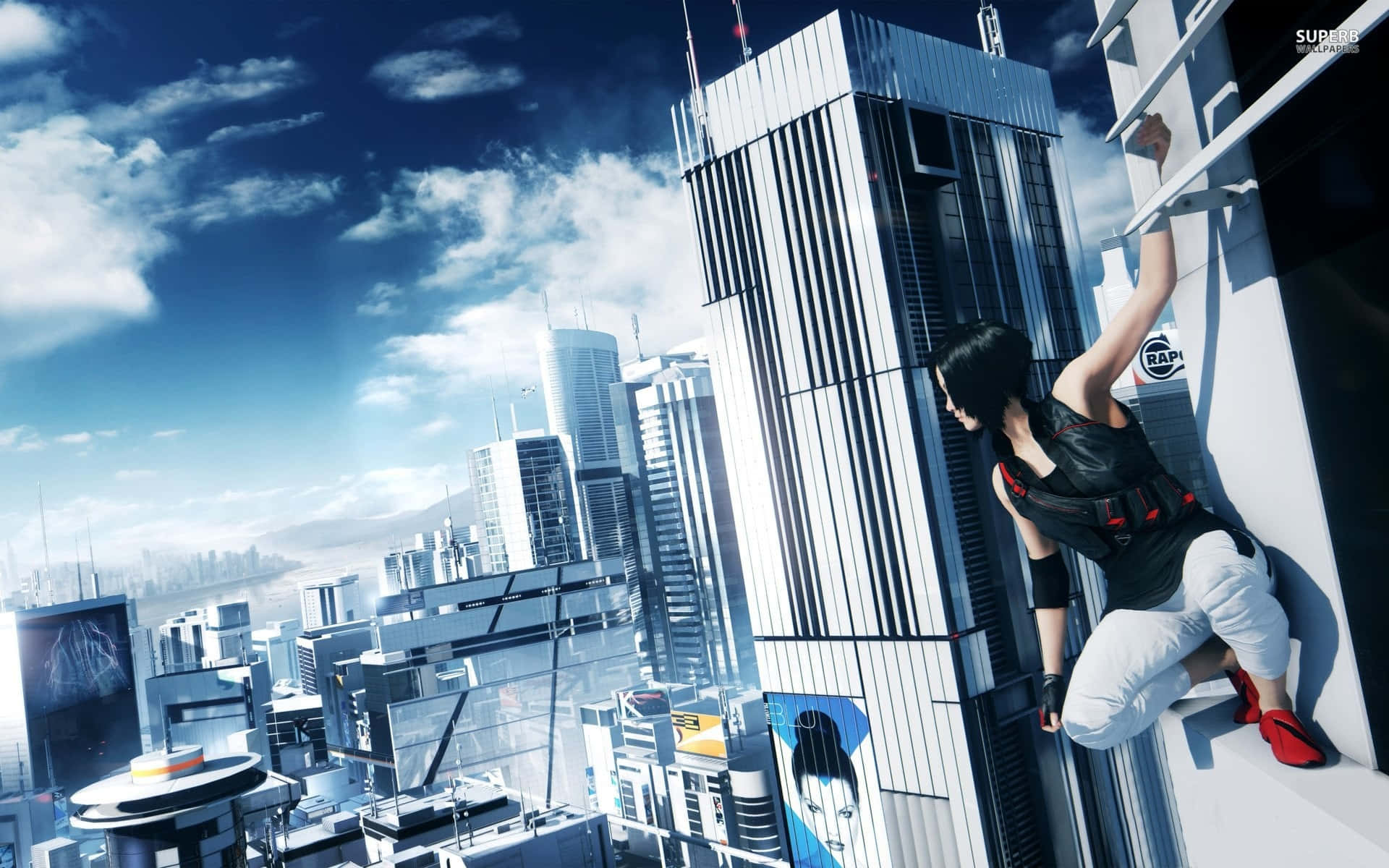 Platform Games 桌布 壁紙 — 在明亮的藍天白雲下，一個人正在攀爬未來城市景觀中的摩天大樓。