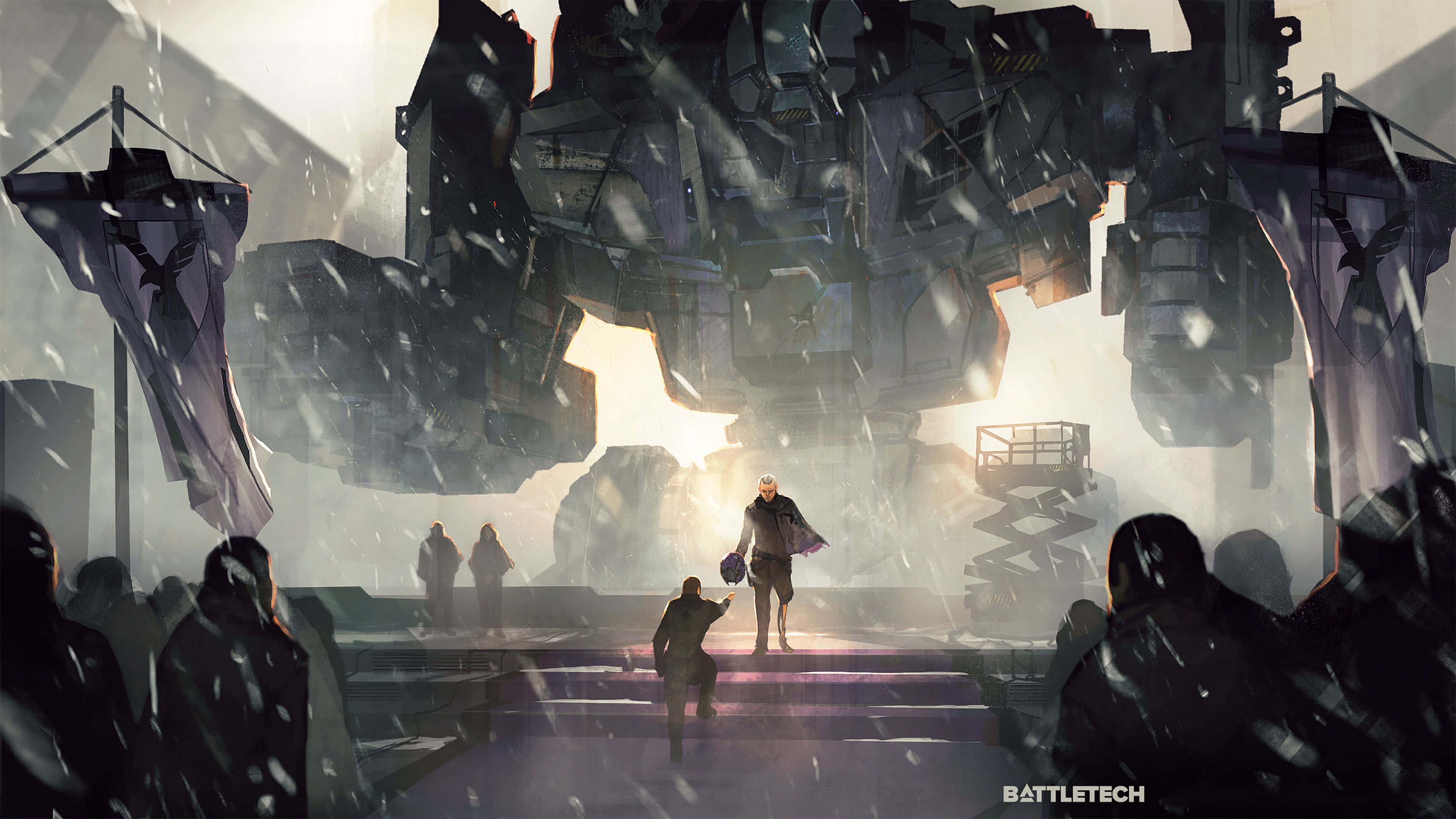 Battletech 桌布 壁紙 — 在明亮的陽光下，一個孤獨的身影在白雪覆蓋的工業戰場上走向一個巨大的懸浮機甲。