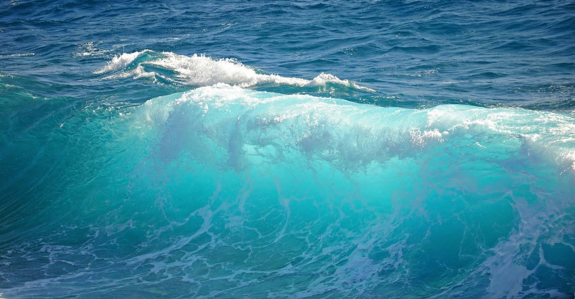 waves 桌布 壁紙 — 在明亮的陽光下，一道強勁的藍綠色海浪翻捲著白色泡沫，映襯著深藍色的海水。