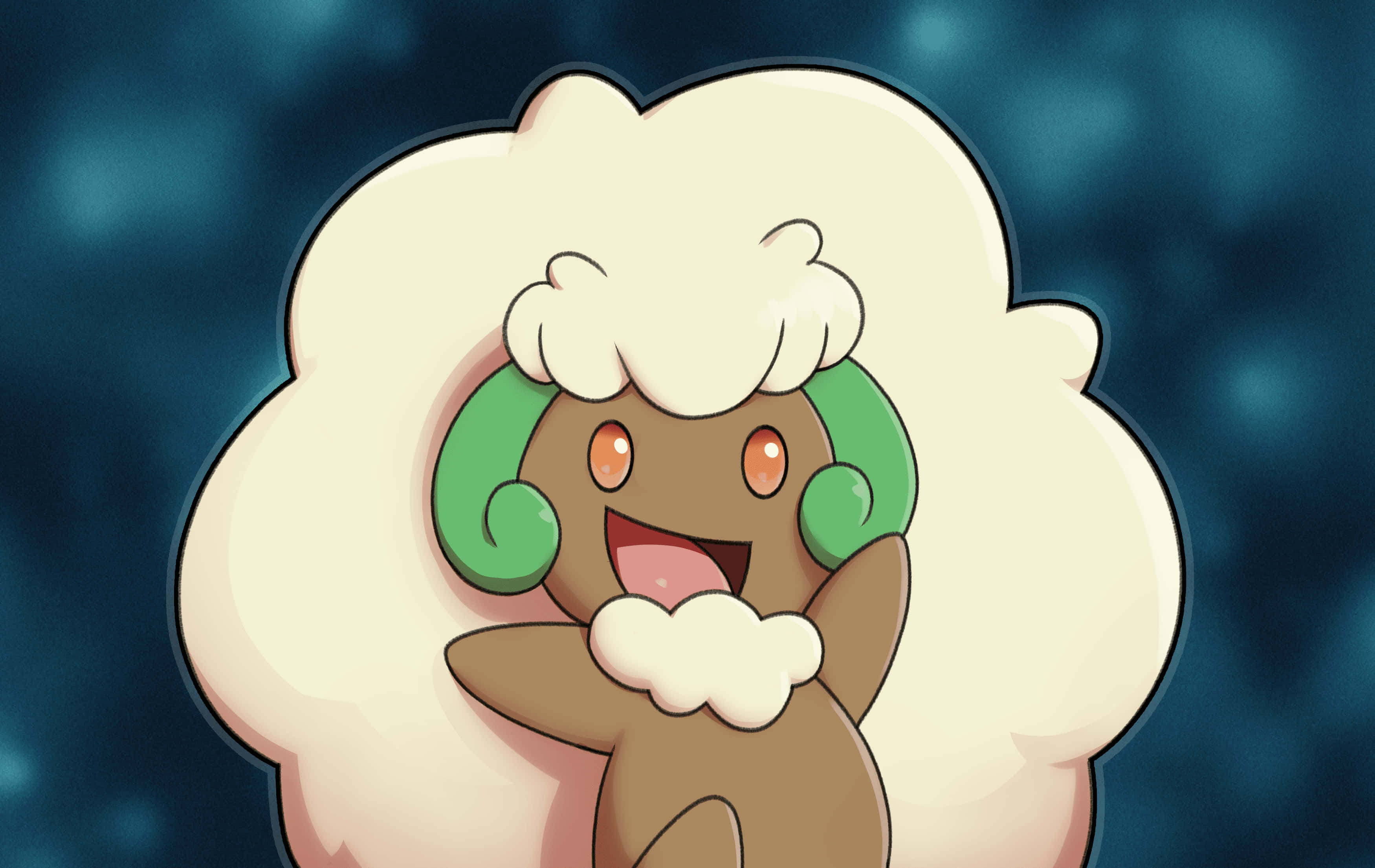 在明亮藍色背景上歡慶的可愛Whimsicott 壁紙 — 一個快樂的卡通雲朵生物，有綠色耳朵和橙色眼睛，在深藍色模糊背景上微笑。