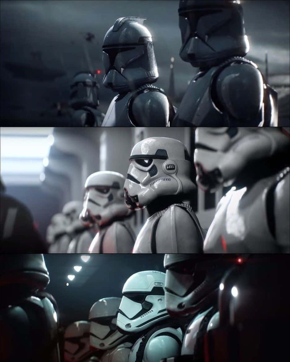 The First Order 桌布 壁紙 — 在昏暗科幻場景中，以戲劇性燈光拍攝的風暴兵和複製人兵團特寫鏡頭。