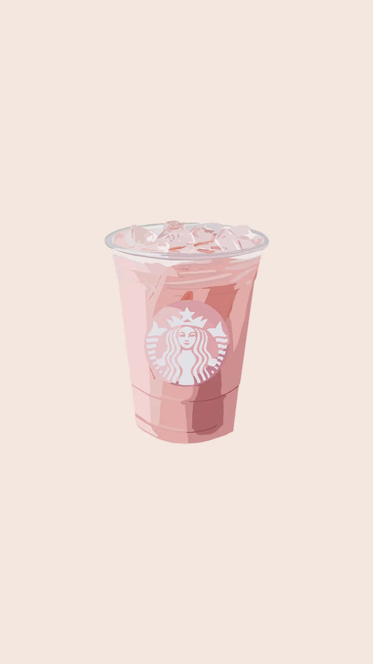 粉紅色冰凍星巴克飲品加冰塊，置於米色背景上。