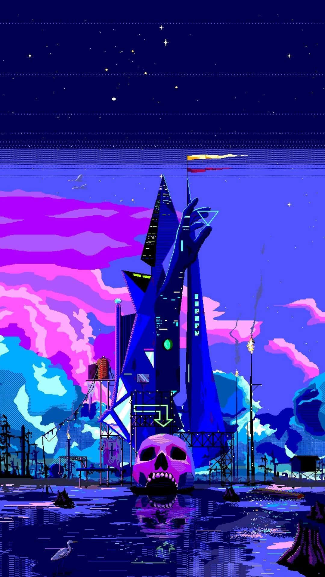 Lo Fi Aesthetic 桌布 壁紙 — 在星空下，一個像素藝術火箭發射塔矗立在霓虹紫色和藍色水域中的頭骨之上。