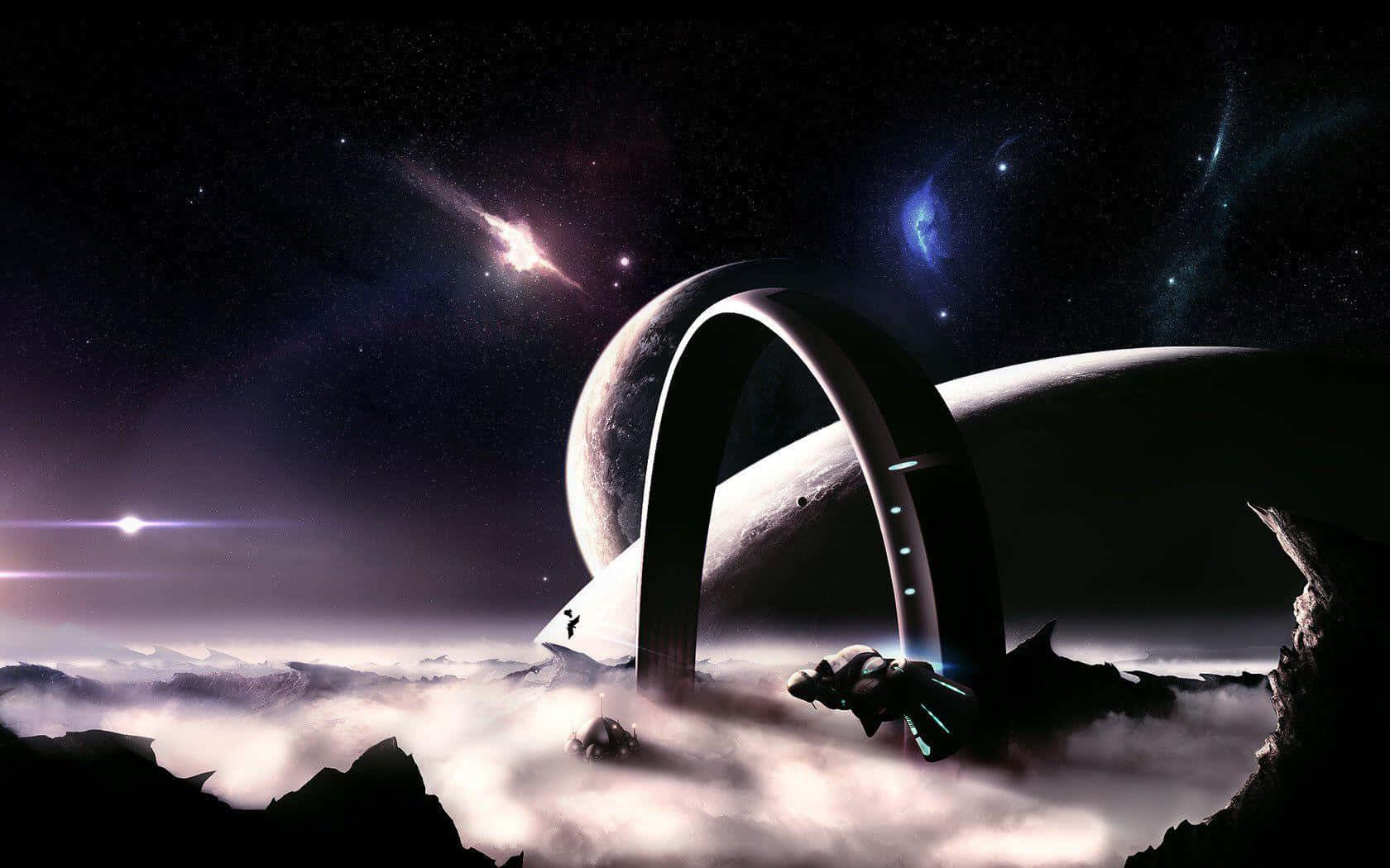 Space Station 桌布 壁紙 — 在星空下，一個未來風格的拱門從宇宙雲層中浮現，周圍有發光的星雲和遙遠的行星。