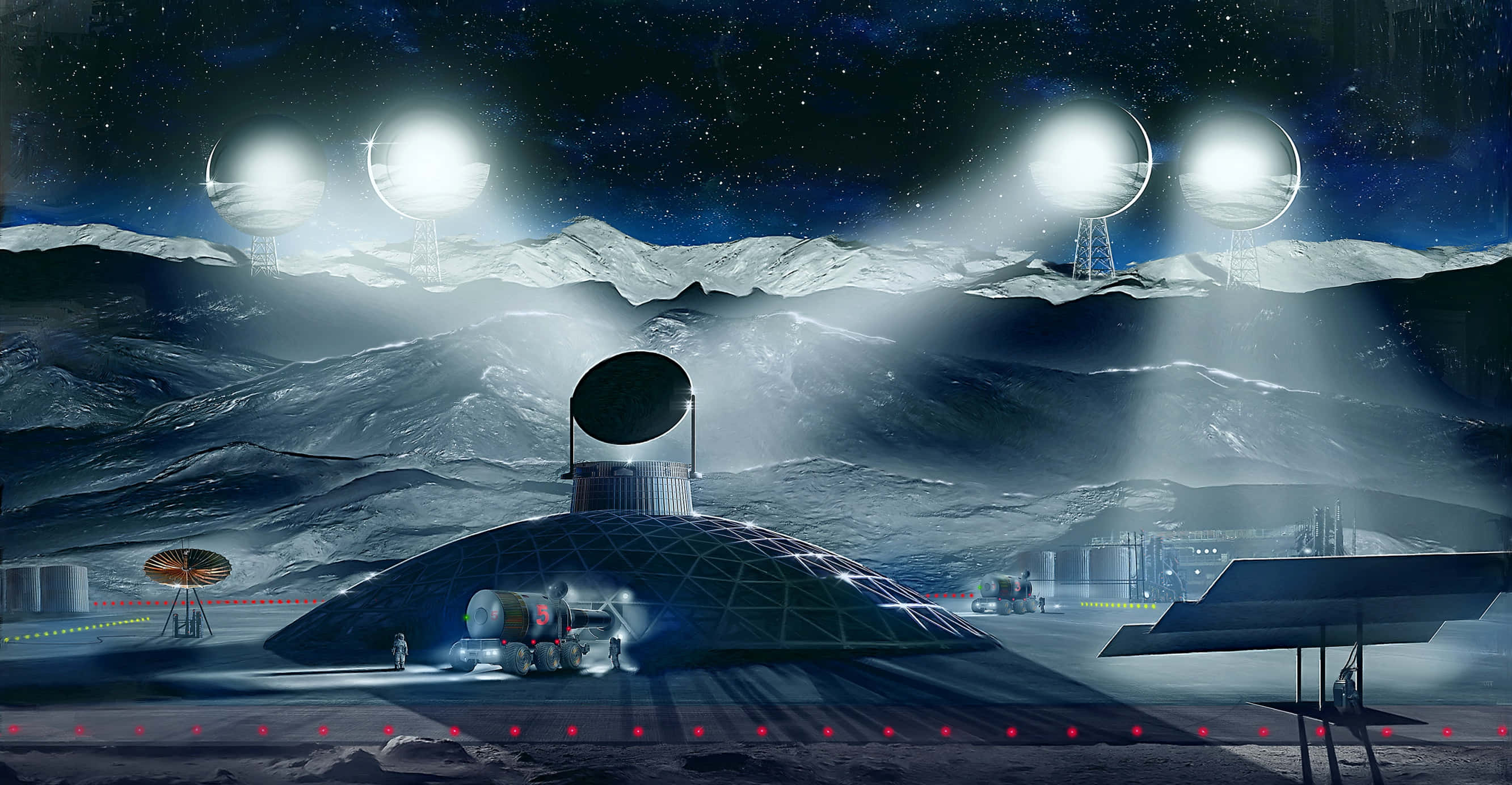 Space Mining 桌布 壁紙 — 在星空下，一個被雪覆蓋的外星行星上的未來主義圓頂基地，上方有四顆發光的月亮。