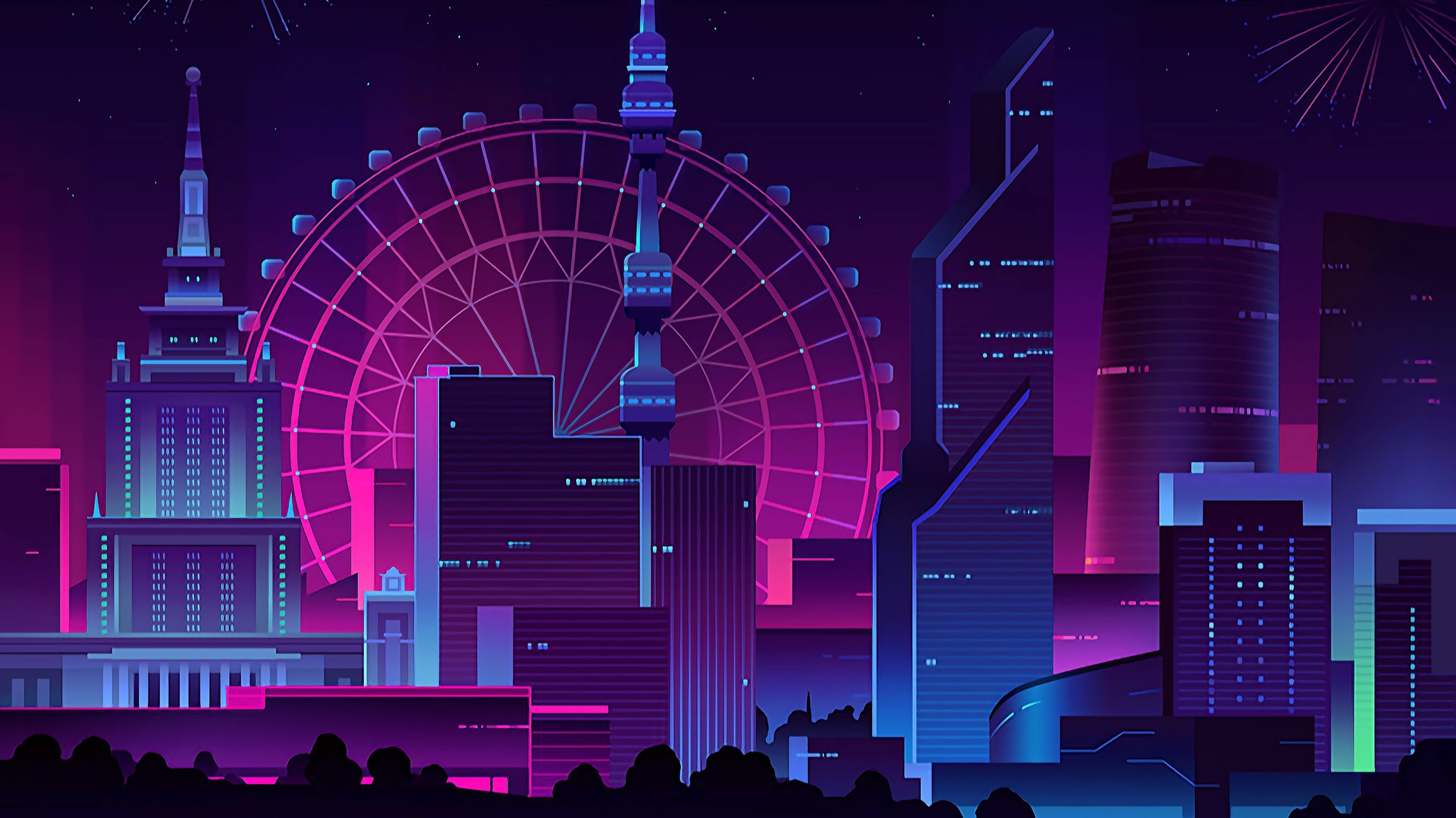 復古 桌布 壁紙 — 在星空下，一座霓虹閃爍的未來城市景觀，發光的粉紅色摩天輪高聳於摩天大樓之上。