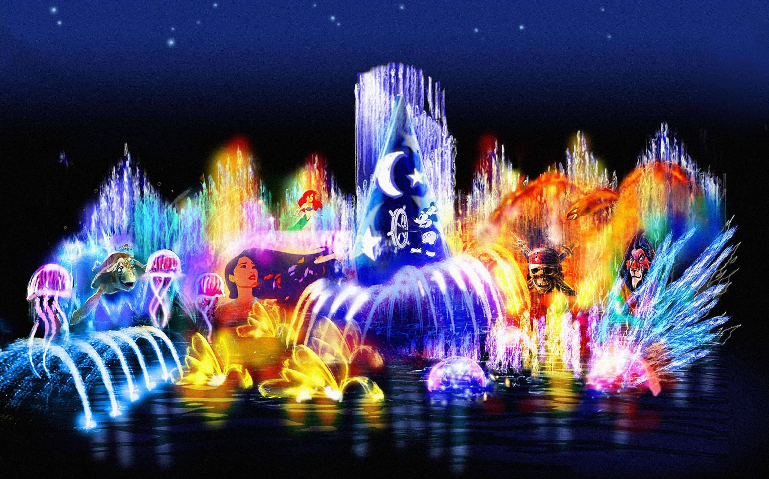 Disney Princess 桌布 壁紙 — 在星空下，以動畫角色和發光水柱呈現的充滿活力的夜間噴泉表演。