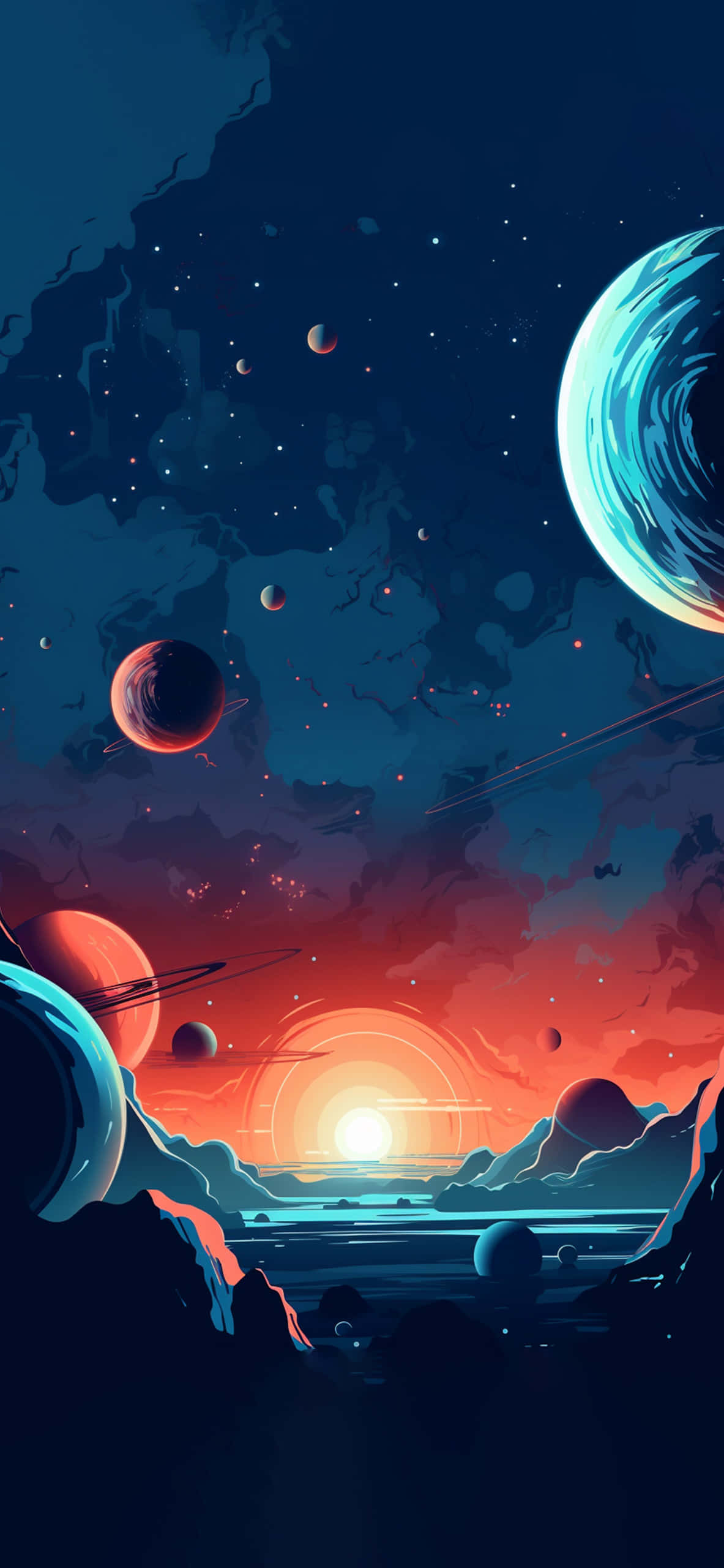 Minimalist Space 桌布 壁紙 — 在星空下，外星海洋上的超現實日落，有發光的行星和漂浮的岩石形成。