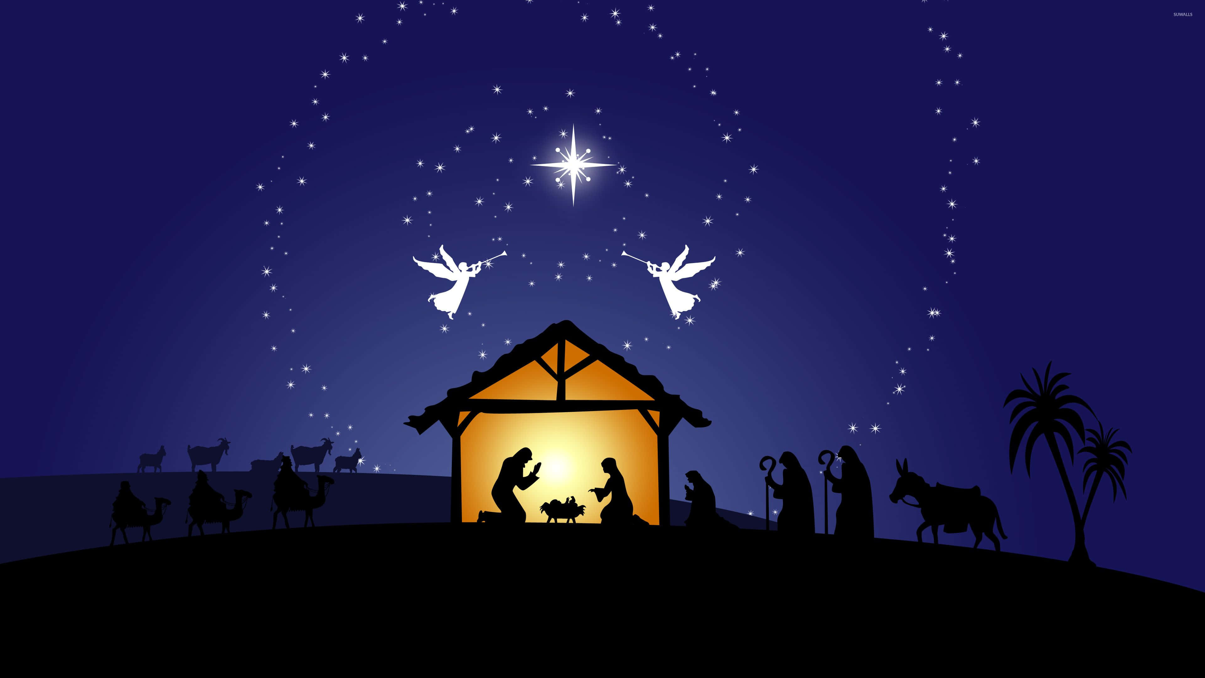 Nativity 桌布 壁紙 — 在星空下，天使和牧羊人圍繞著發光的馬槽的剪影耶穌誕生場景。