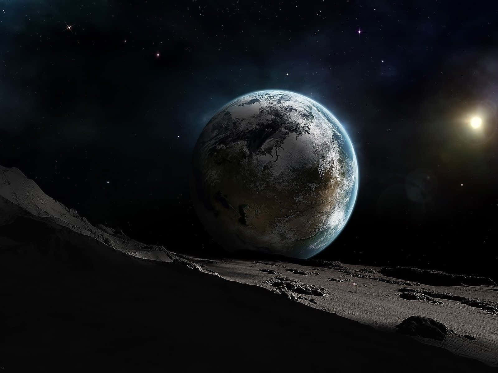 外太空 桌布 壁紙 — 在星空下，從荒涼的月球表面觀看，地球散發著藍色海洋和白色雲彩的光芒。