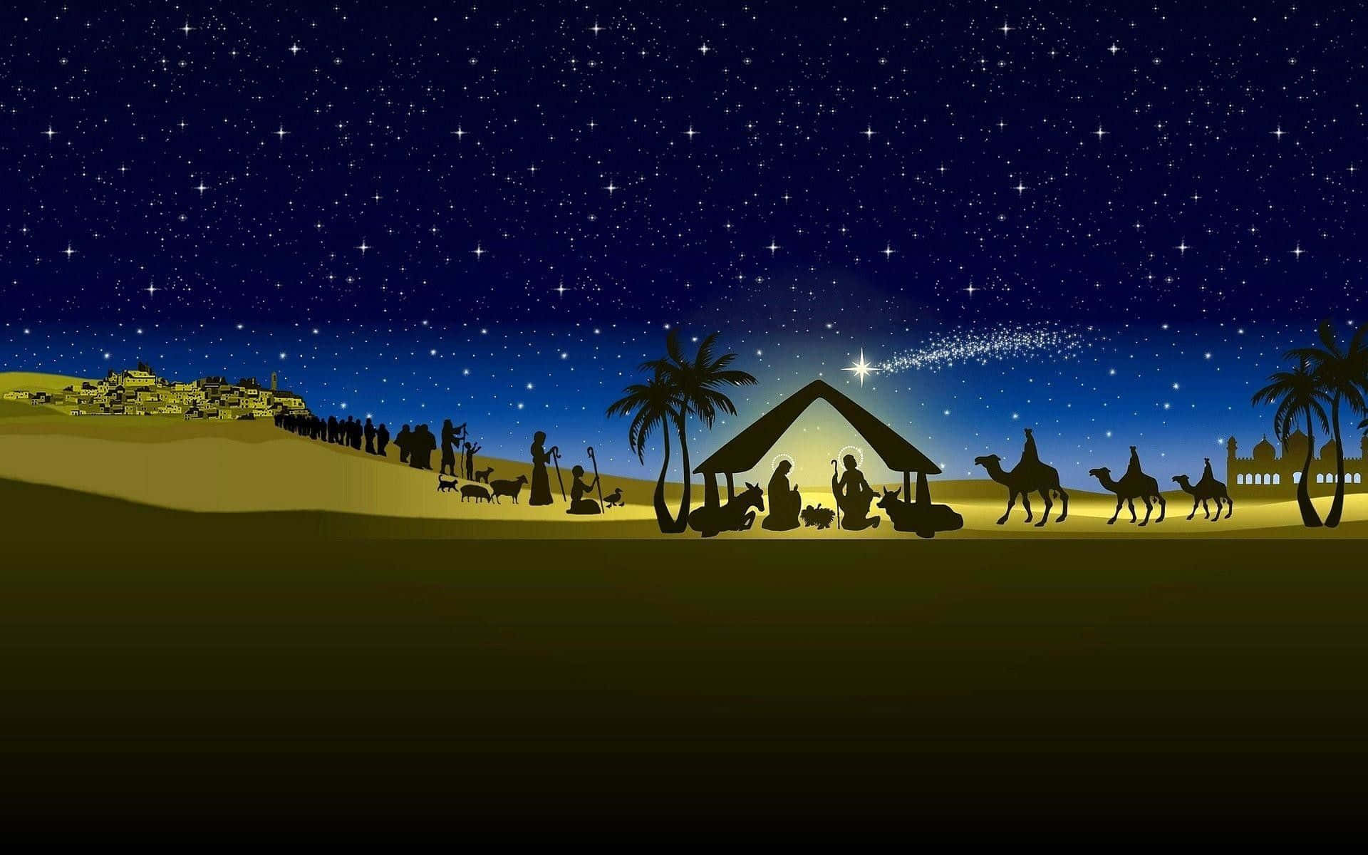 Nativity Scene 桌布 壁紙 — 在星空下、棕櫚樹和遠處城市燈光中的剪影耶穌誕生場景。