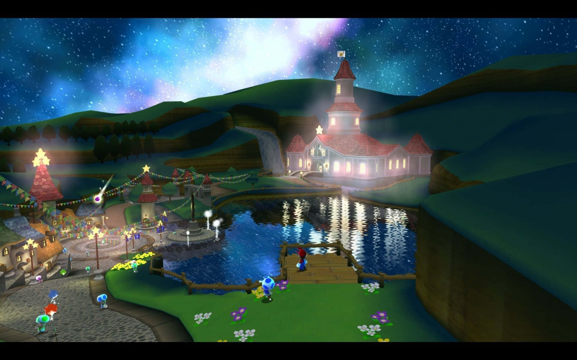 Mushroom Kingdom 桌布 壁紙 — 在星空下，湖邊一座發光的城堡，伴隨著節日燈光和奇幻遊戲世界中的角色。