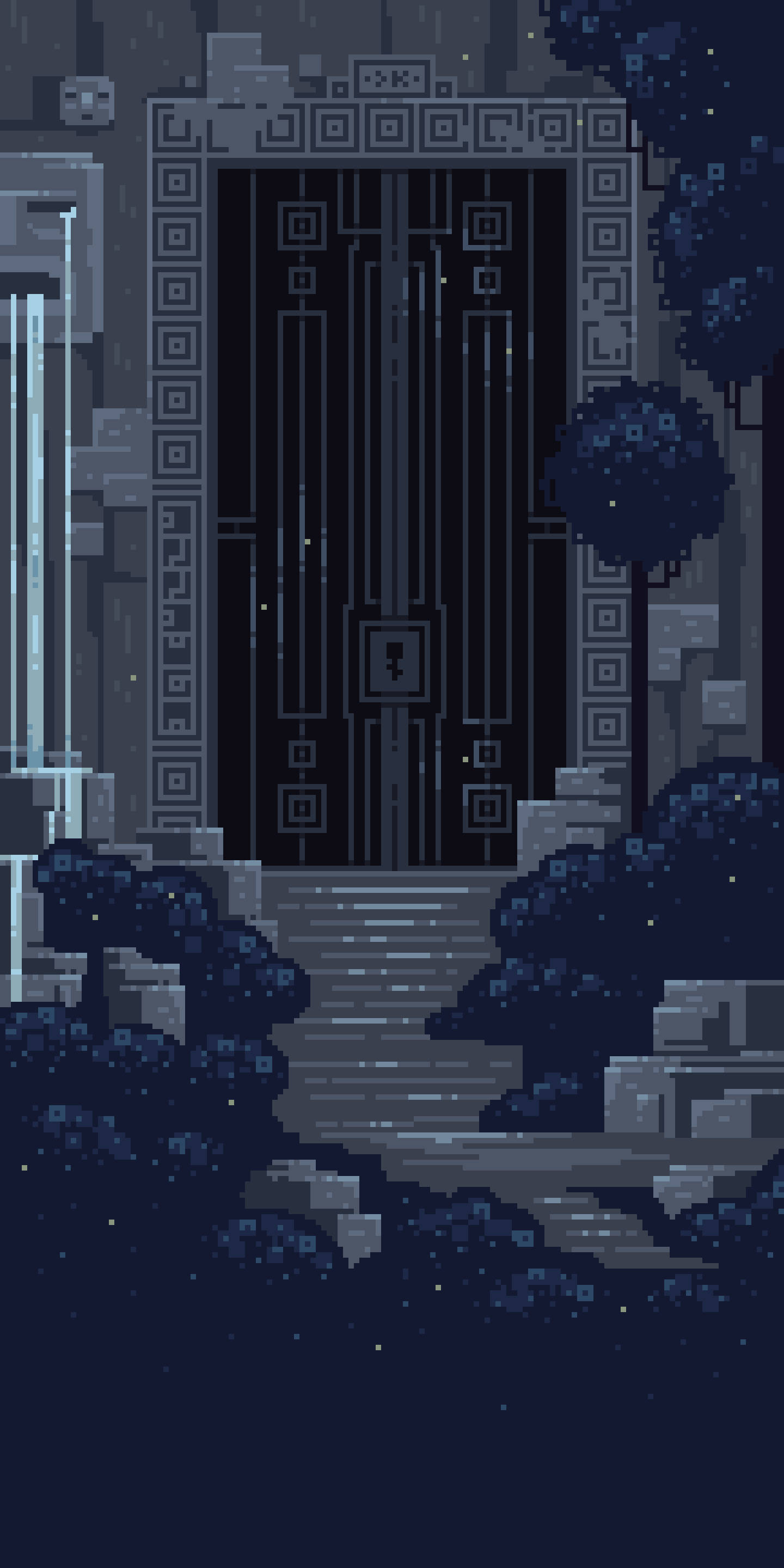 Pixel Art 桌布 壁紙 — 在星空下，由幾何圖案和深色樹葉框著的像素藝術門口。