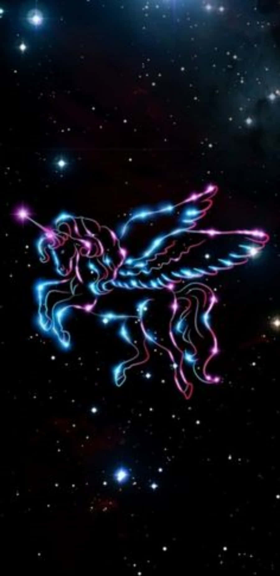 發光的霓虹獨角獸在星空夜空中飛翔。