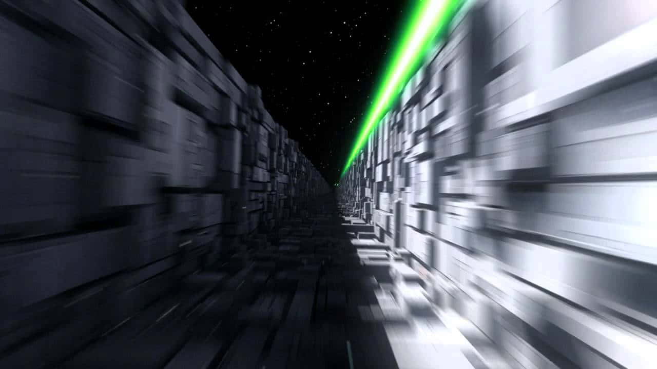 The Trench Run 桌布 壁紙 — 在星空虛空背景下，一道充滿活力的綠色激光束照亮了單色未來主義隧道的高速旅程。