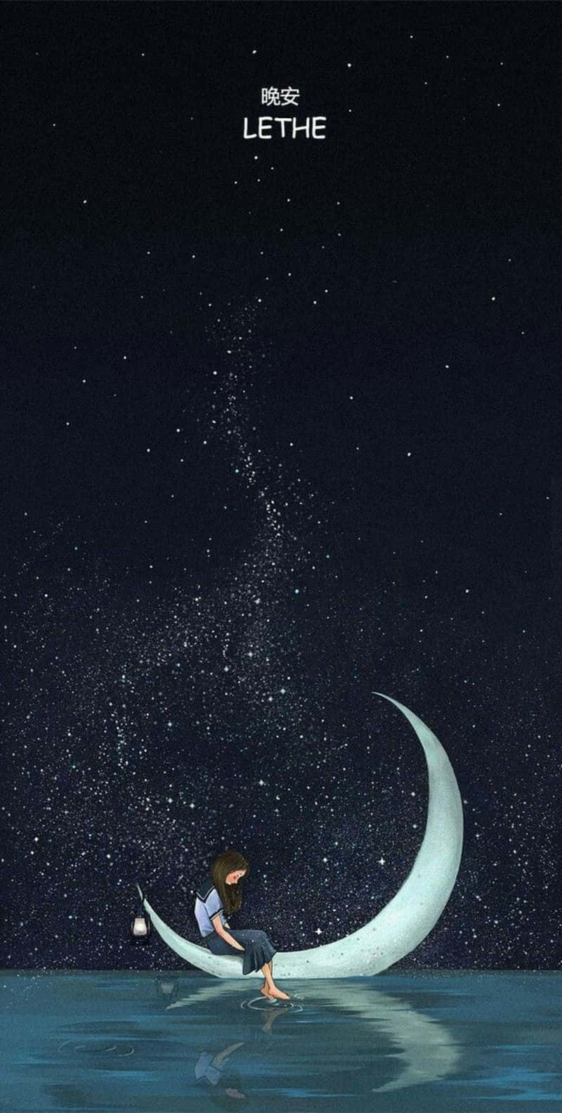 女孩坐在新月上，在夜晚的星光照耀的水面上手持燈籠。