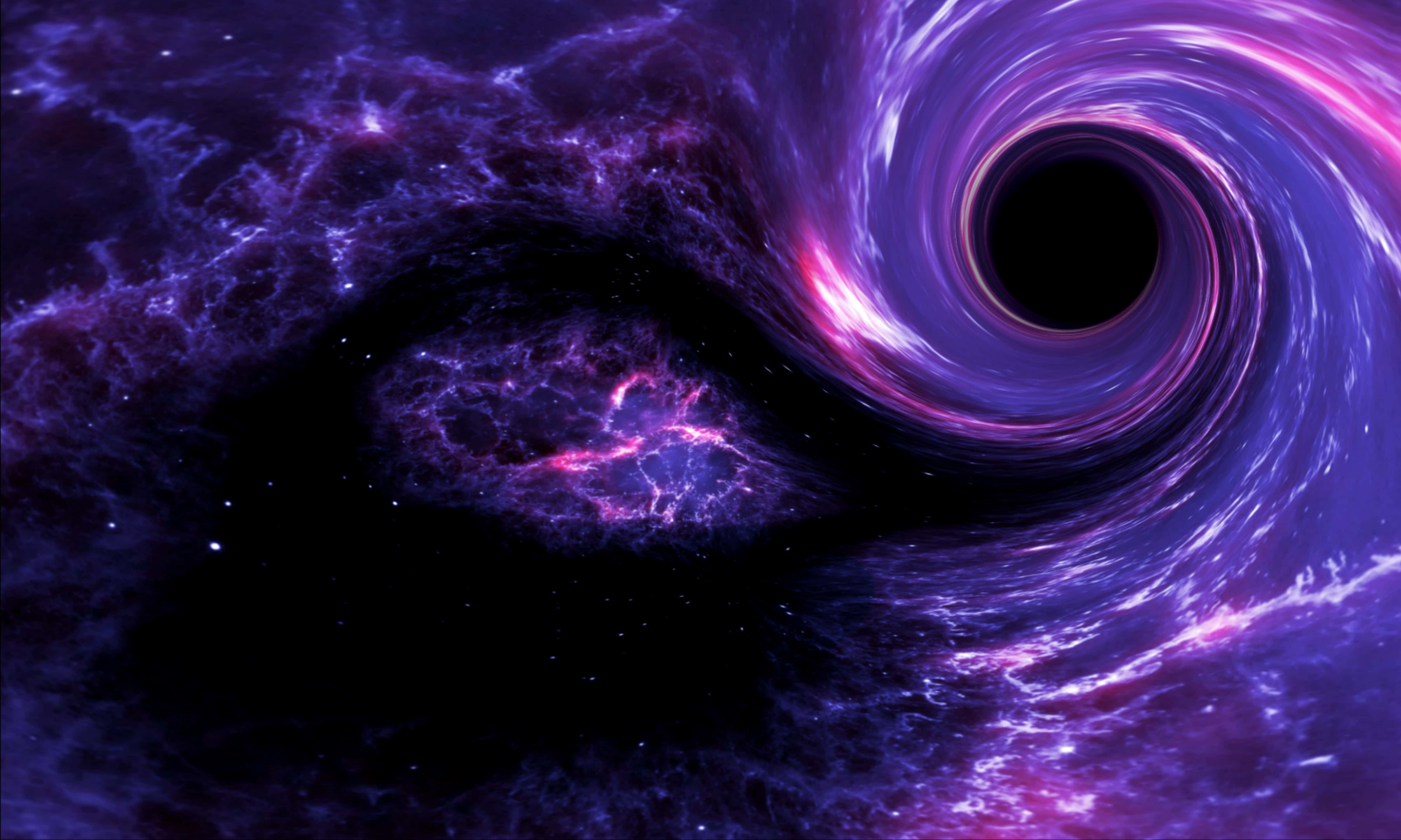 Deep Space 桌布 壁紙 — 在星雲背景下，紫色和粉紅色的宇宙漩渦圍繞著一個黑洞旋轉。