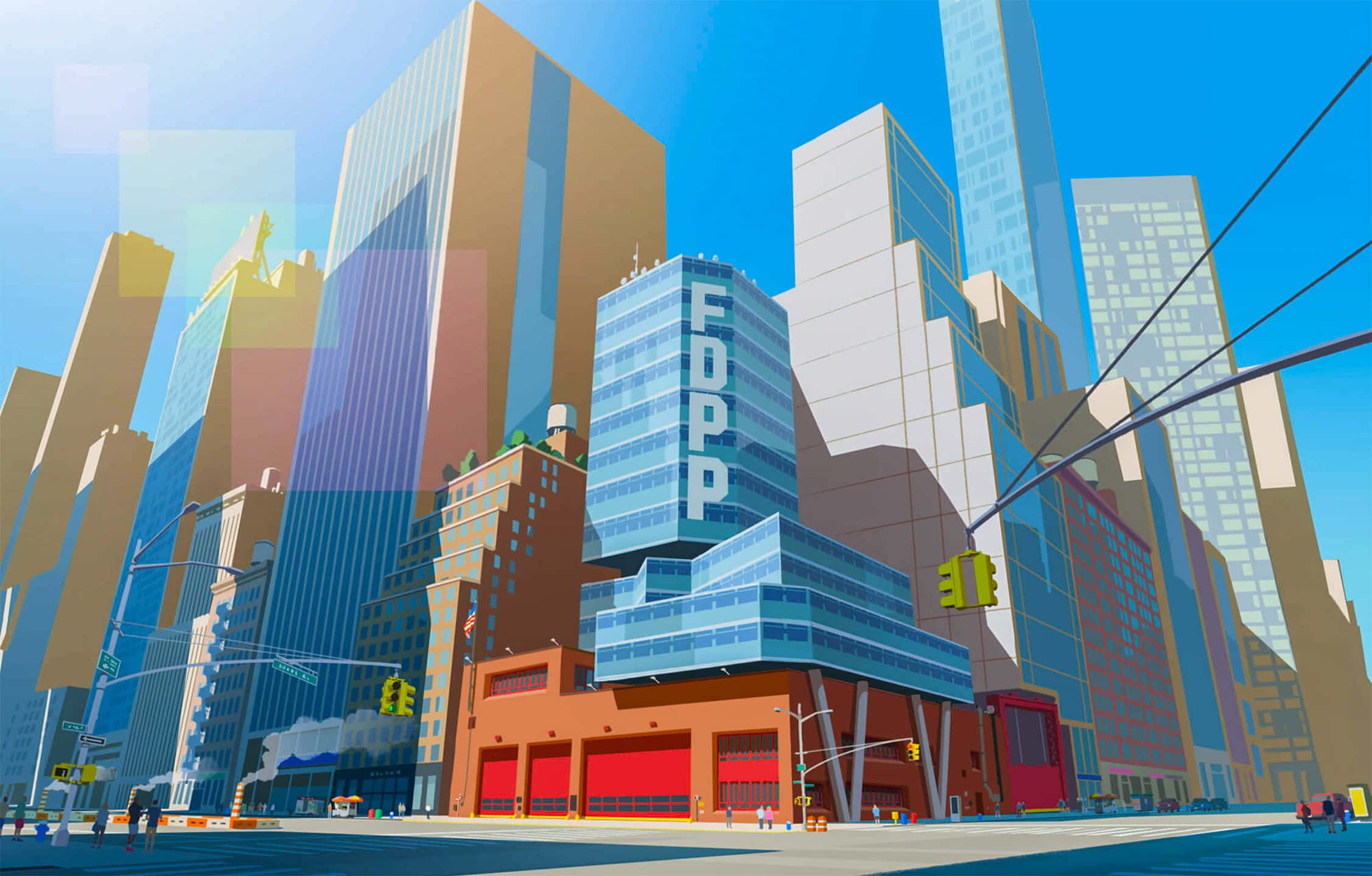 Promare 桌布 壁紙 — 在晴朗的藍天下，一個充滿活力的風格化城市景觀，擁有高聳的摩天大樓和顯眼的FDPP建築。
