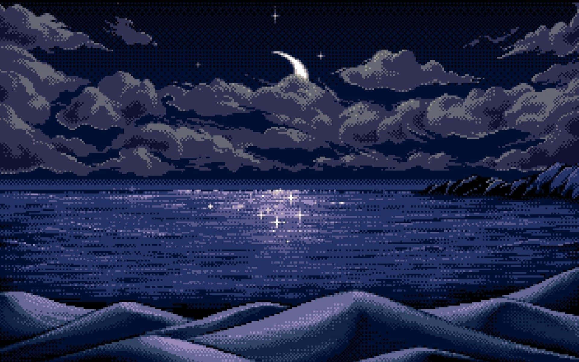 像素化夜間海洋，月亮和星星在烏雲下的水面上反射。