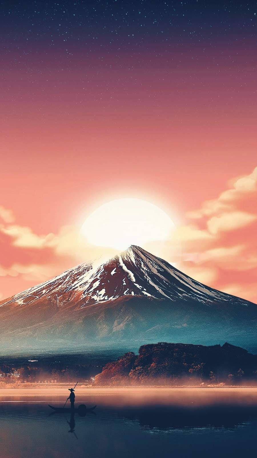 太陽 桌布 壁紙 — 在暮色中，一位孤獨的漁夫在寧靜的湖面上划船，背景是雄偉的、積雪覆蓋的富士山，伴隨著發光的太陽和星空。
