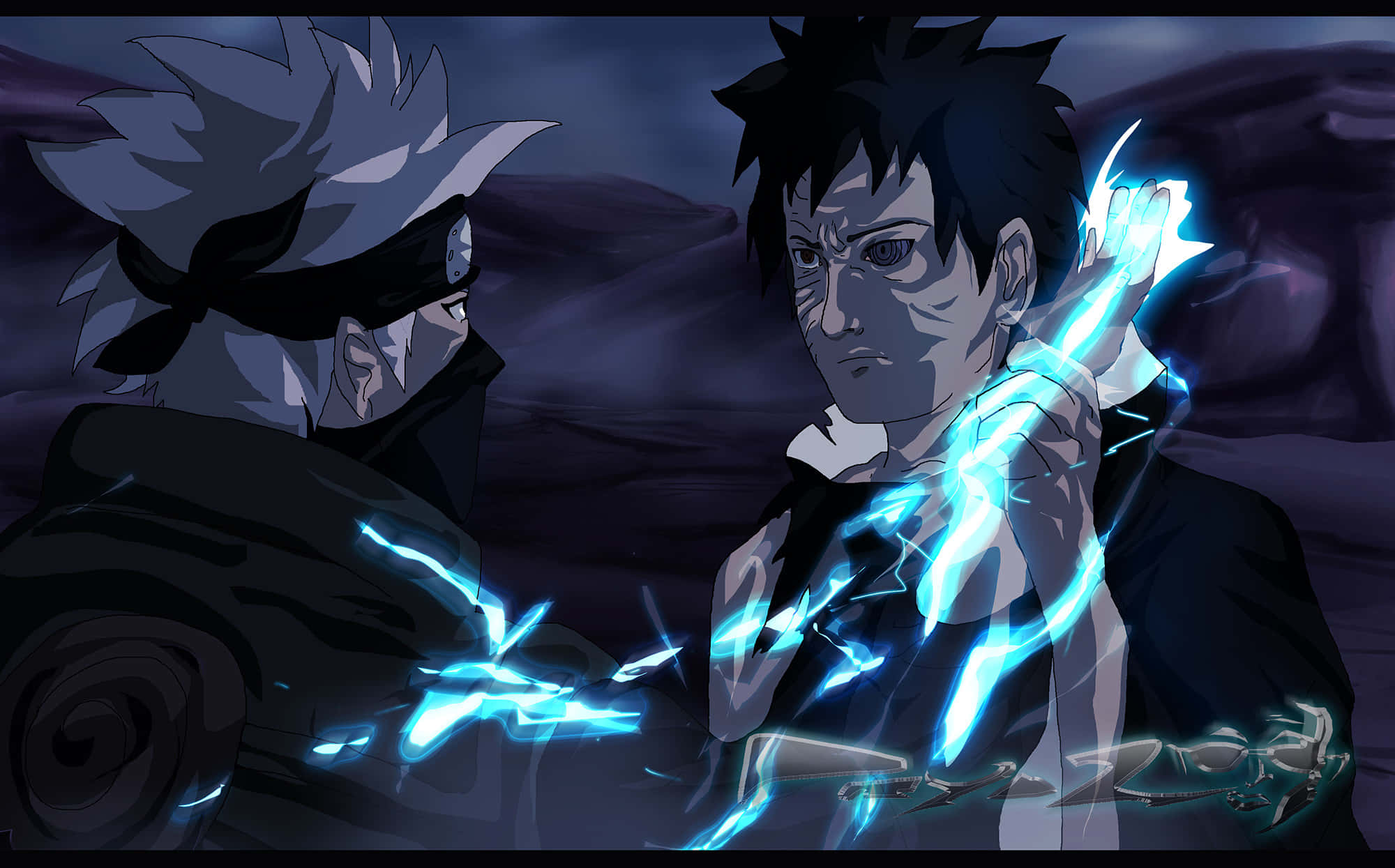 Kakashi And Tobi 桌布 壁紙 — 在暴風雨的天空下，兩個動漫戰士在黑暗的岩石戰場上以發光的藍色查克拉碰撞。