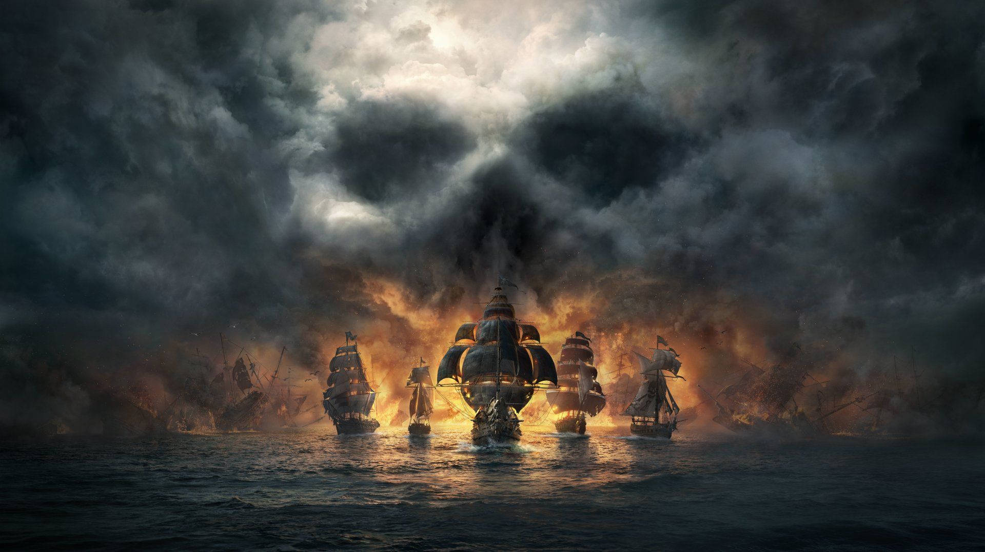 軍艦在暴風雨的天空下進行激烈的海戰。